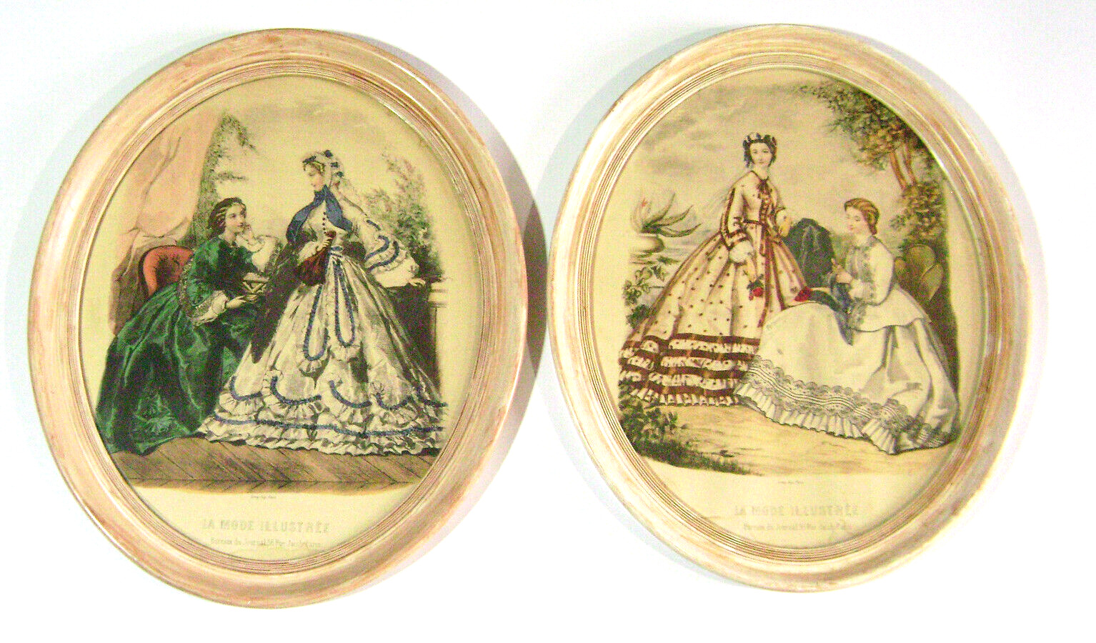1850's Godey Paris Fashion Prints Mounted Under Glass In Large Oval Wood Frames