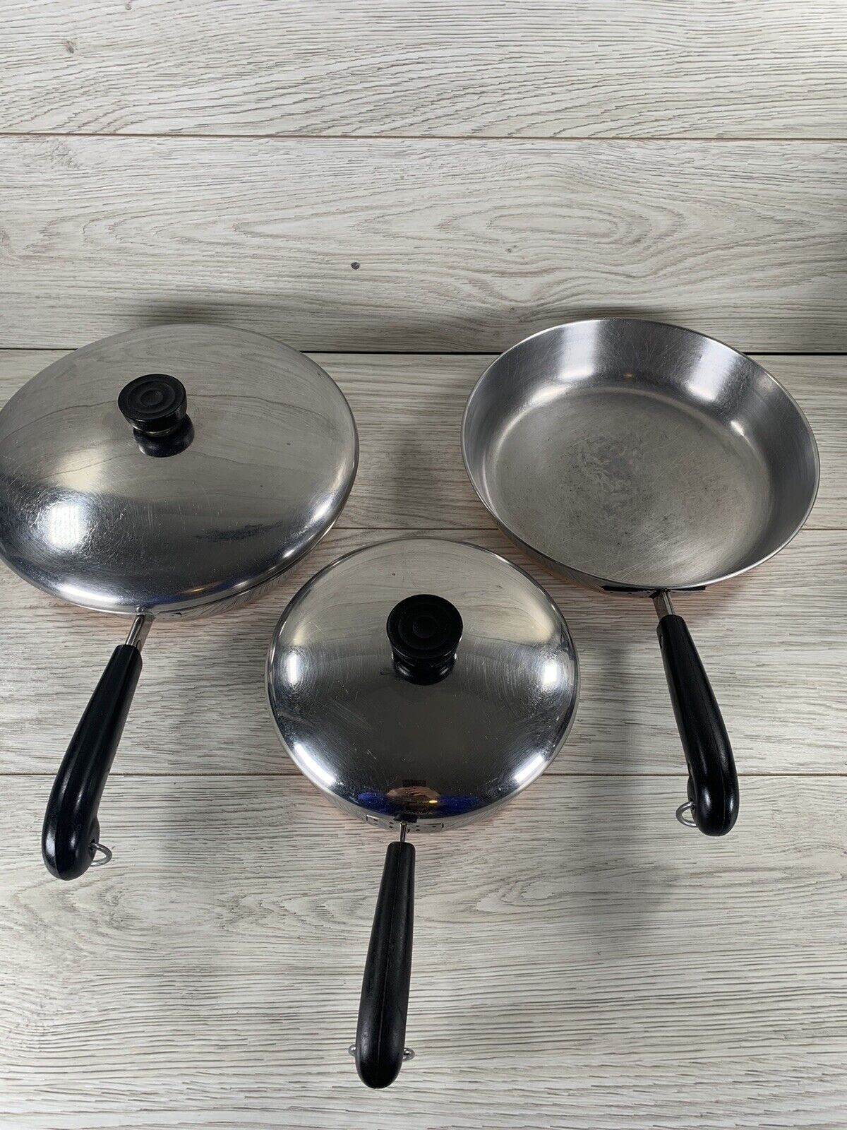 Revere Ware Skillets 3 Frying Pans w/ Lids 1801 Stainless & Copper Bottom 7” 10”