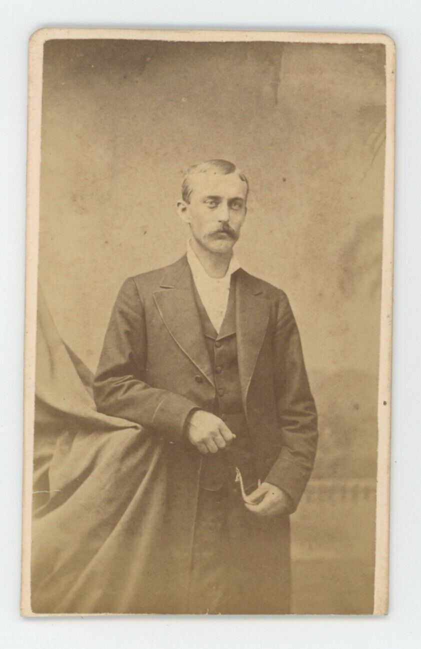 Antique ID'd CDV c1870s Handsome Man Mustache Named Meritt Connersville, IN