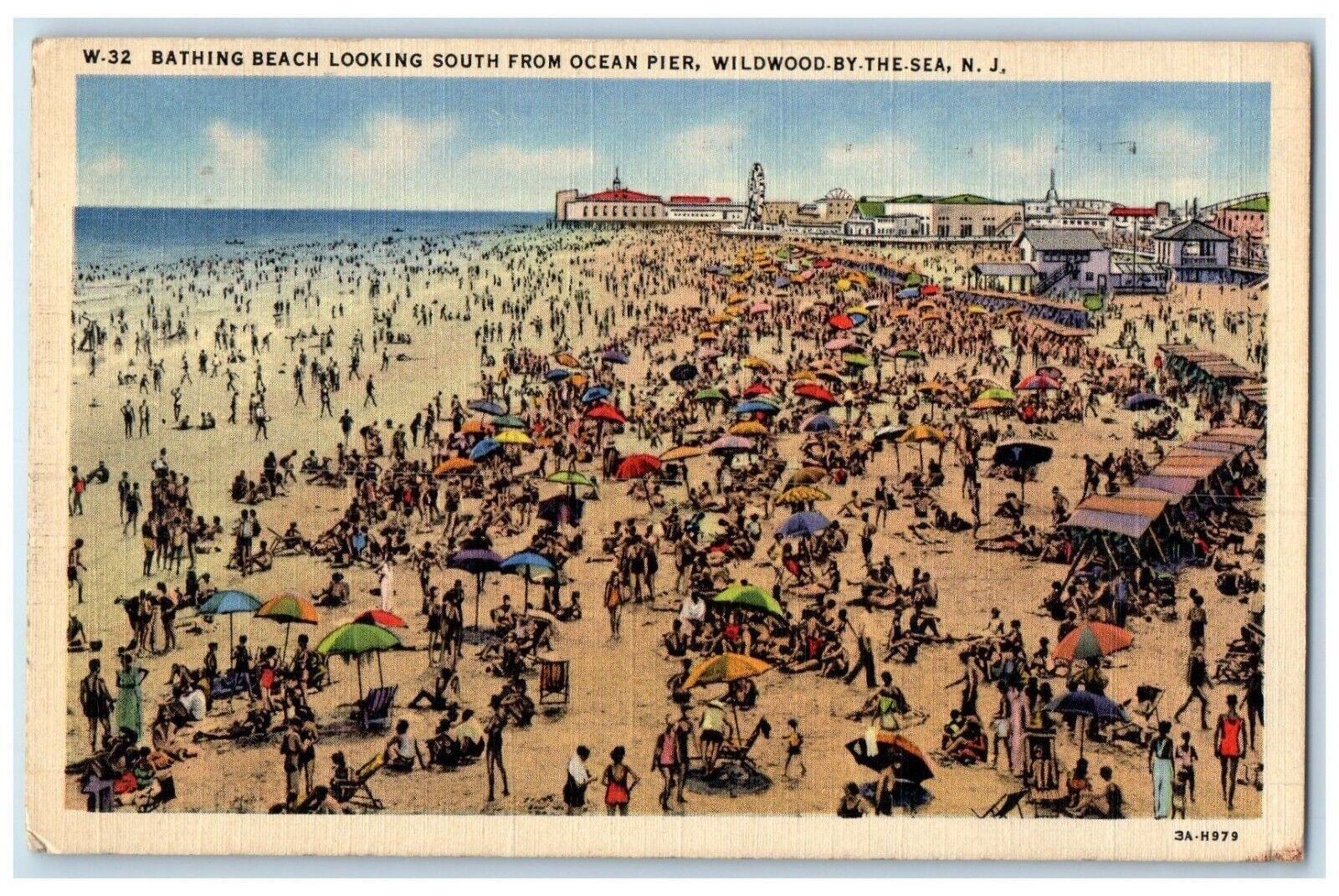 1943 Bathing Beach Looking South Ocean Pier Wildwood By Sea New Jersey Postcard