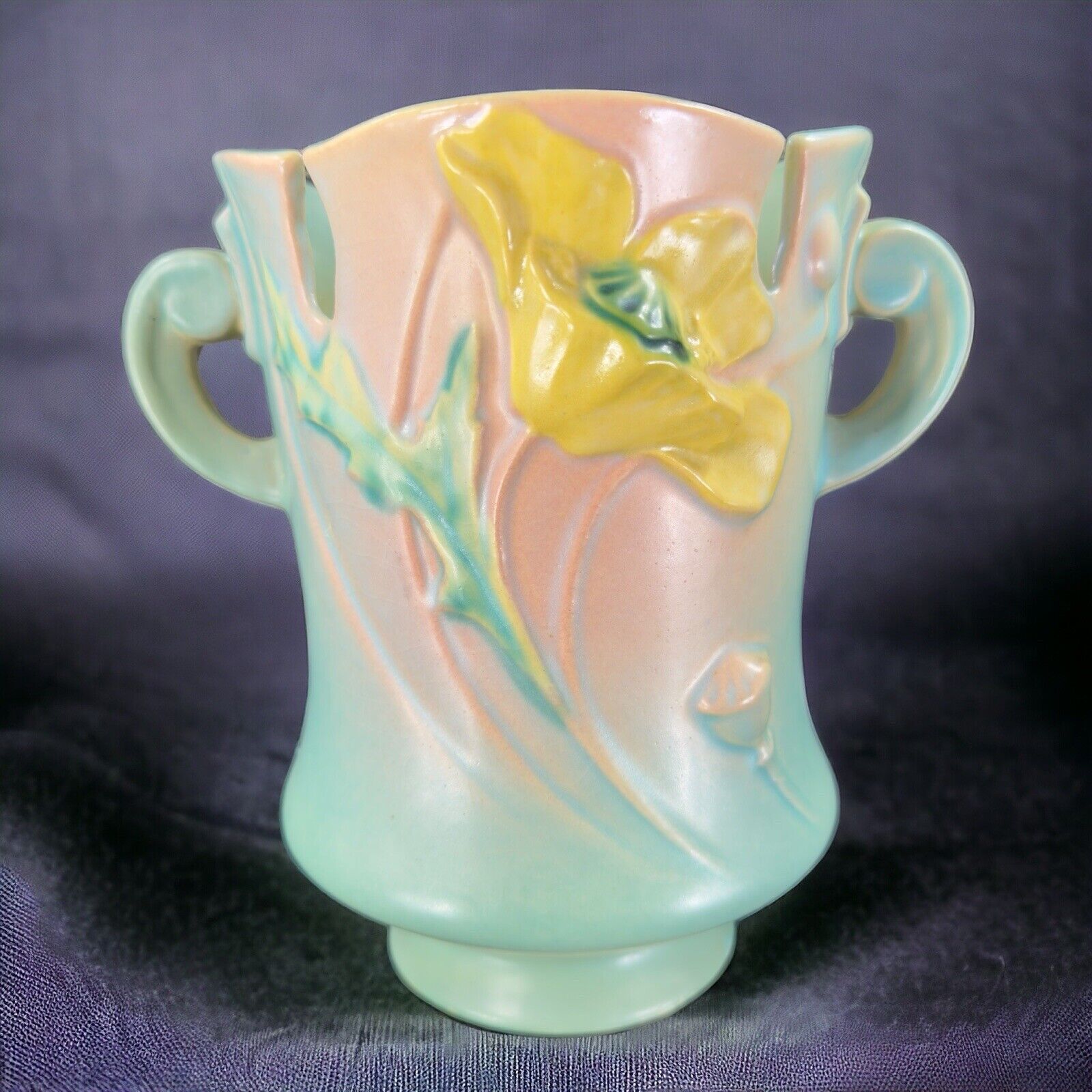 Antique Roseville Art Pottery Vintage Vase Green Poppy With Handles Green Pink