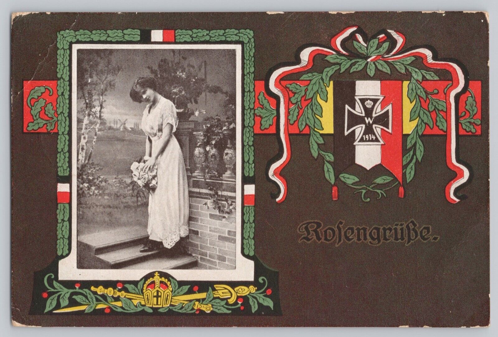 WWI German Propaganda Postcard Iron Cross Imperial Flag Oak Leaf Posted 1917