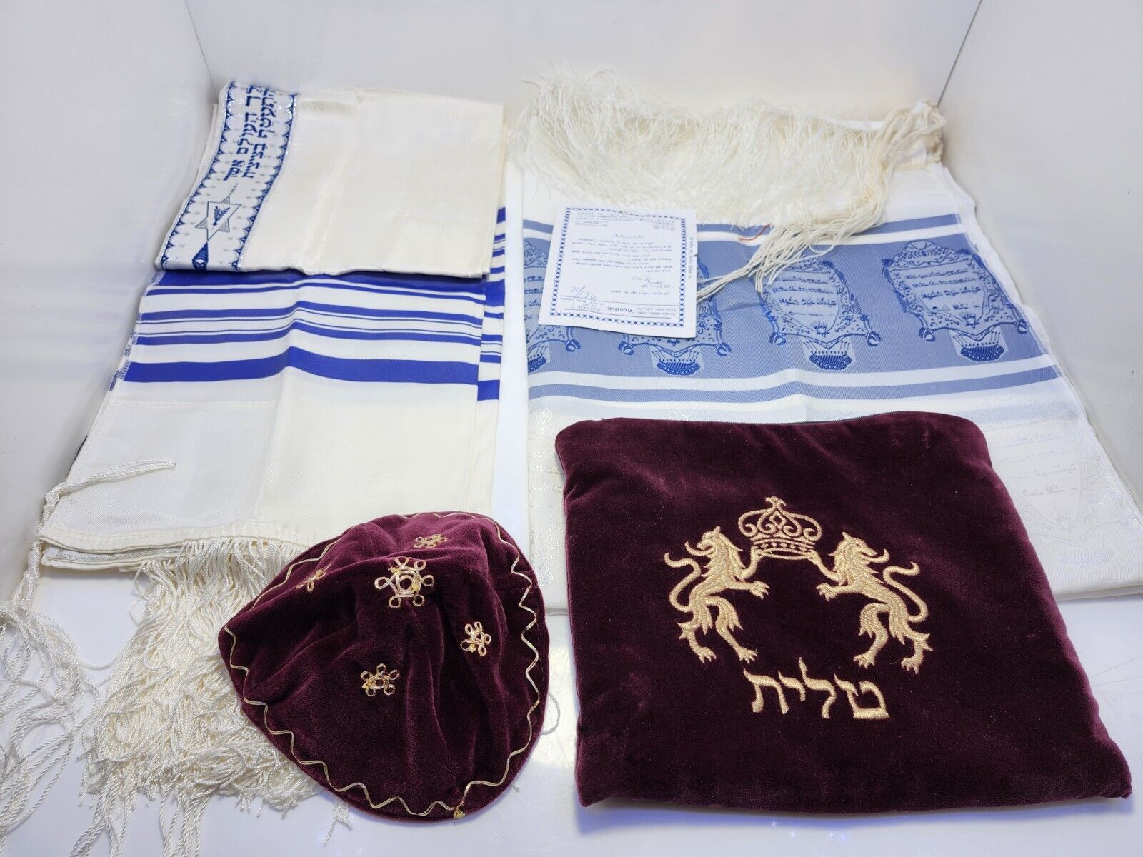 Israel Vintage Tallit Jewish Prayer 2 Shawl, Velvet Yamaka & Bag- Never Worn