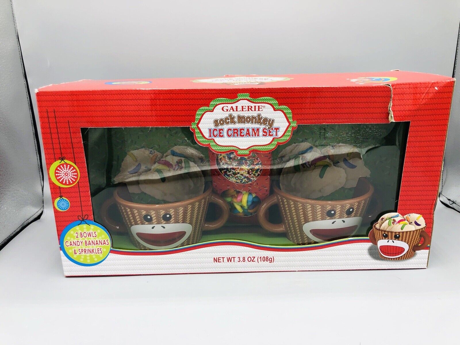 Sock Monkey Ice Cream Soup Cereal Bowls Double Handled Set Galerie New in Box