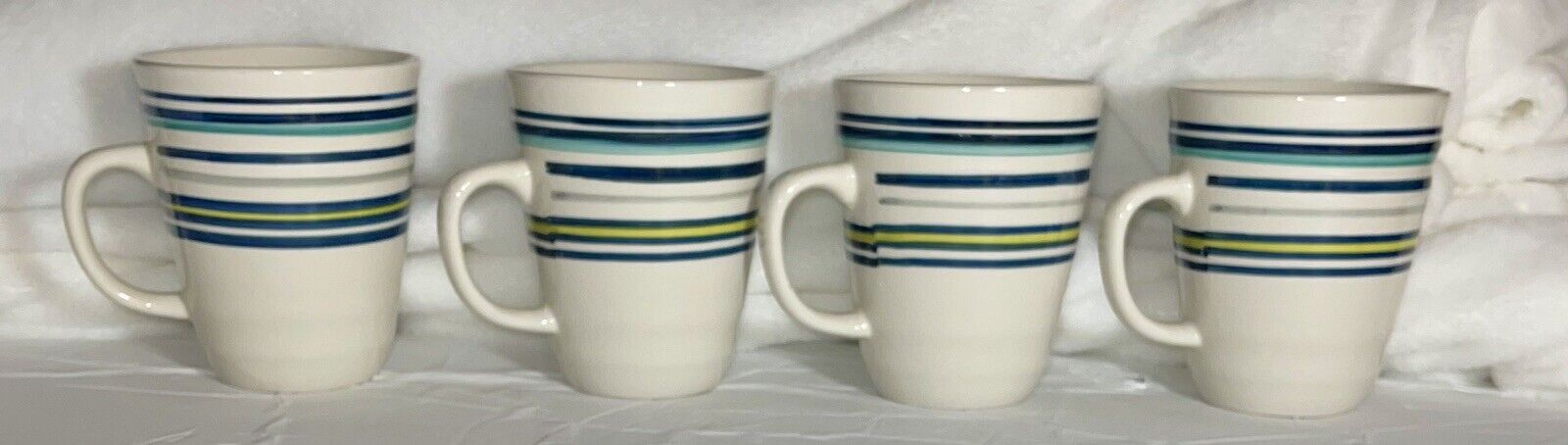 Set of 4 Gibson Everyday Coffee Tea Mugs Cups Striped Blue & Green on White