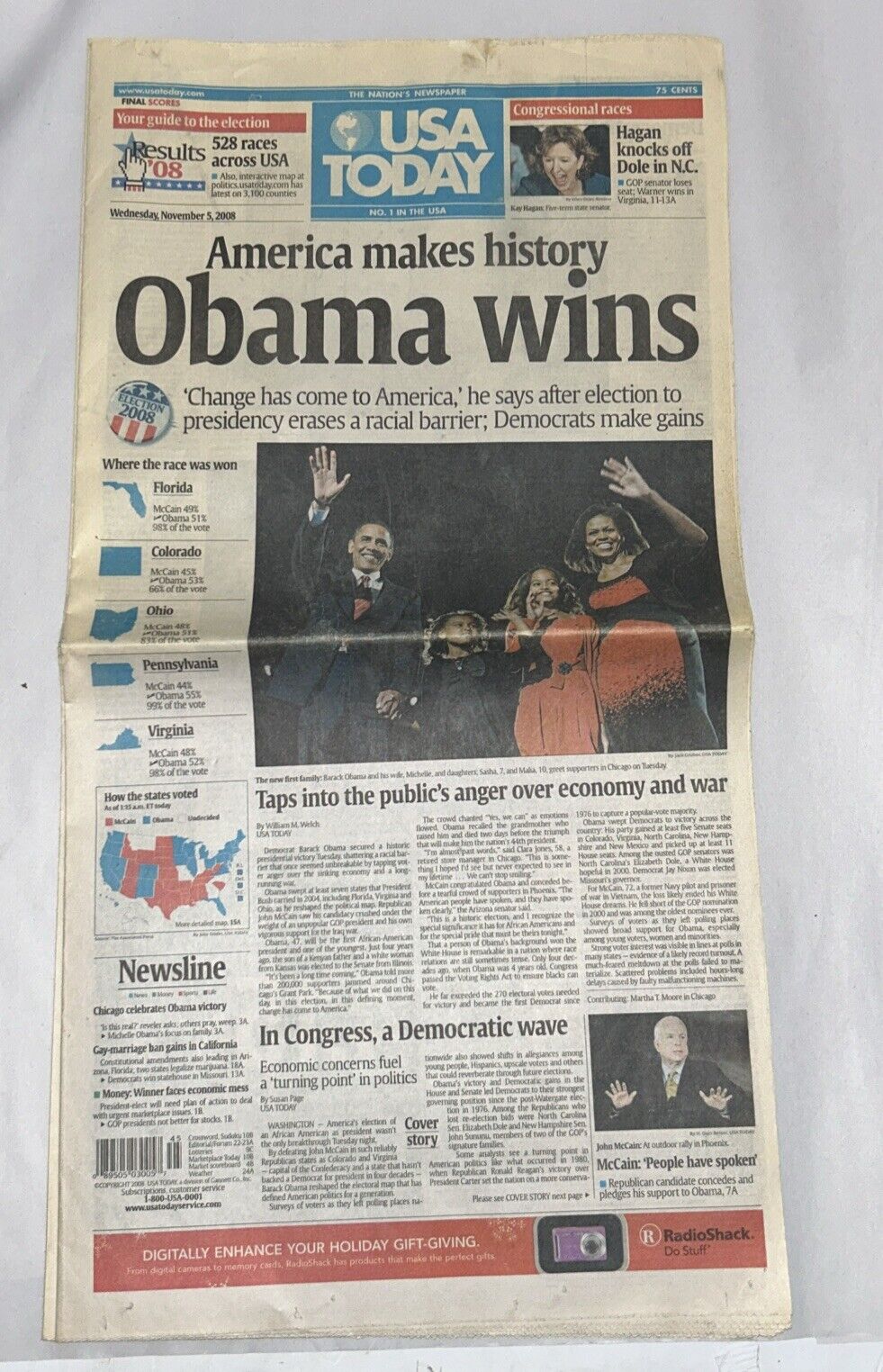USA Today Newspaper President Barack Obama Election Win from November 5, 2008