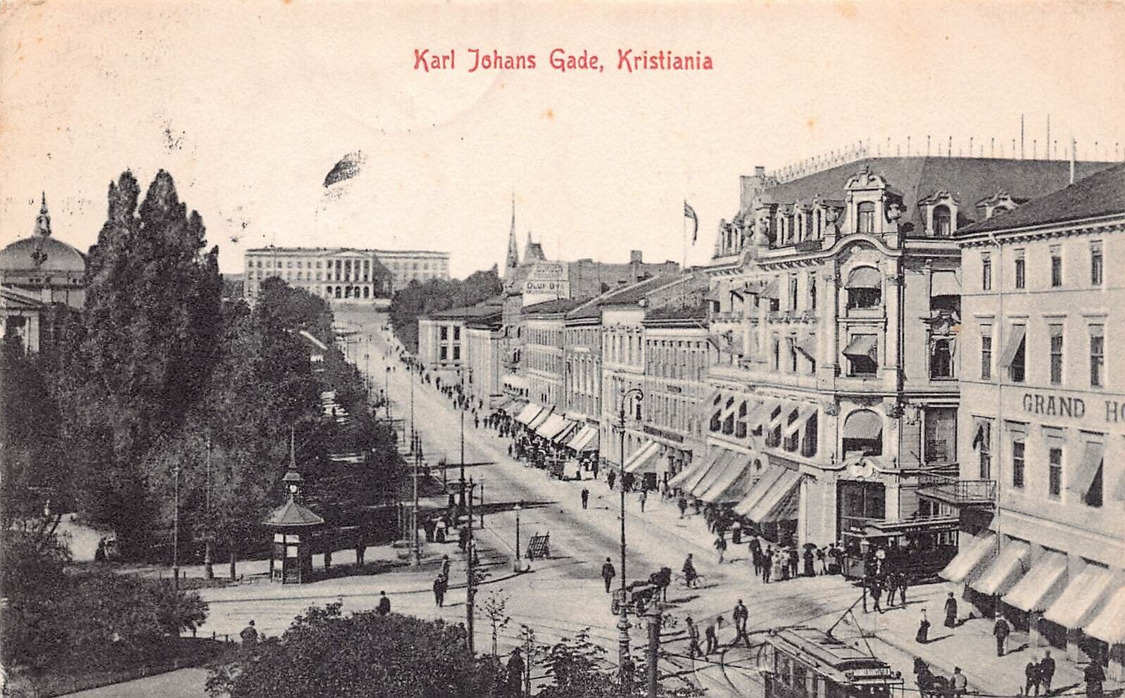 Karl Johans Gate Christiania Oslo Downtown Main Street Hotel Vtg Postcard C29