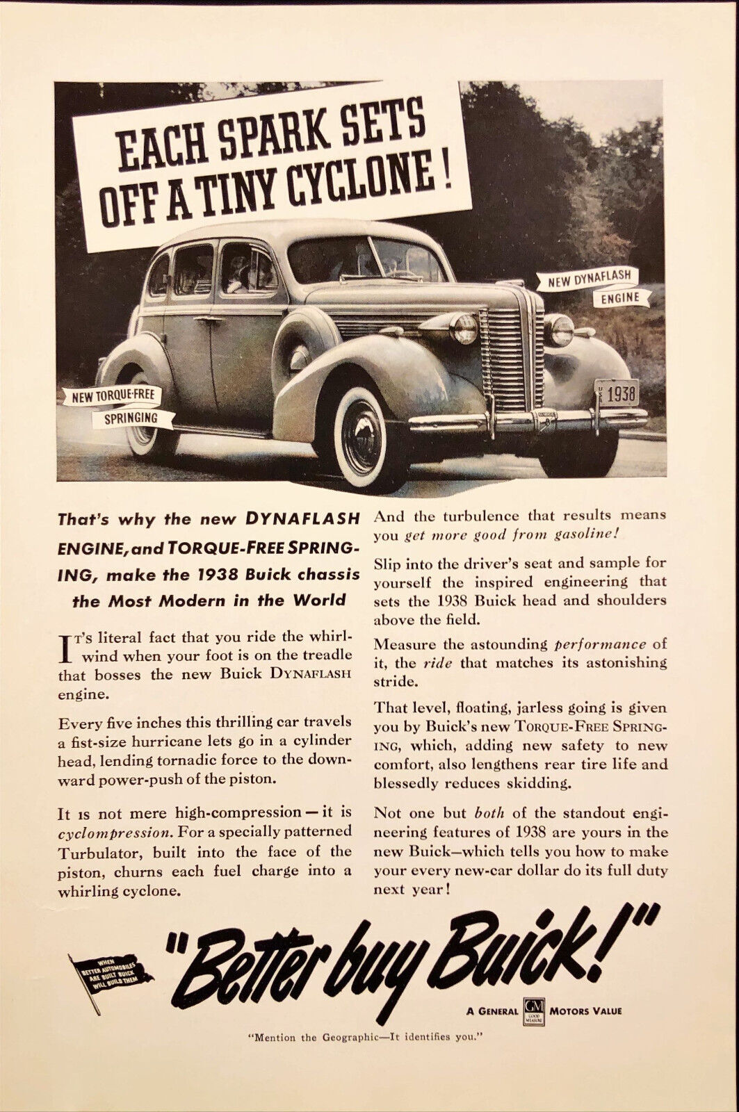 1937 Better Buy Buick Vintage Print Ad New Dynaflash Engine