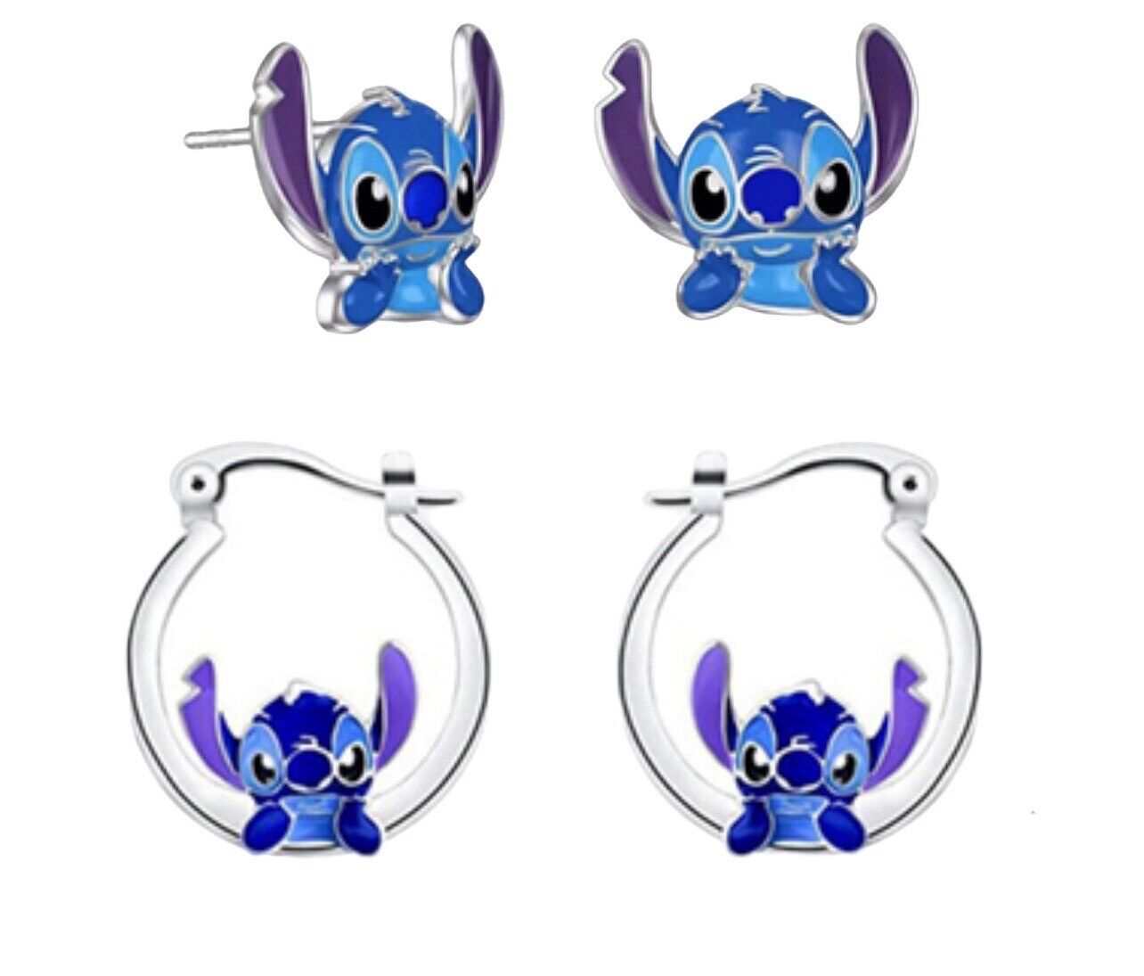 New-2x Disney Cute Stitch Silver Hoops Earrings & Stud Set -US Based