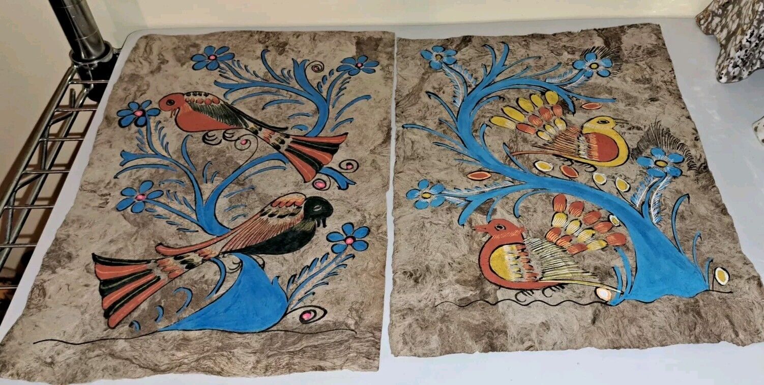 2 Beautiful Vtg Mexican Folk Art Pictures Handpainted Birds On Amate Bark-Paper