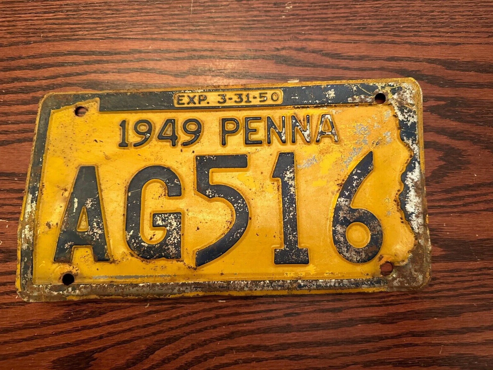 1949 Pennsylvania License Plate AG516 Yellow Blue PA USA Authentic Metal Rust