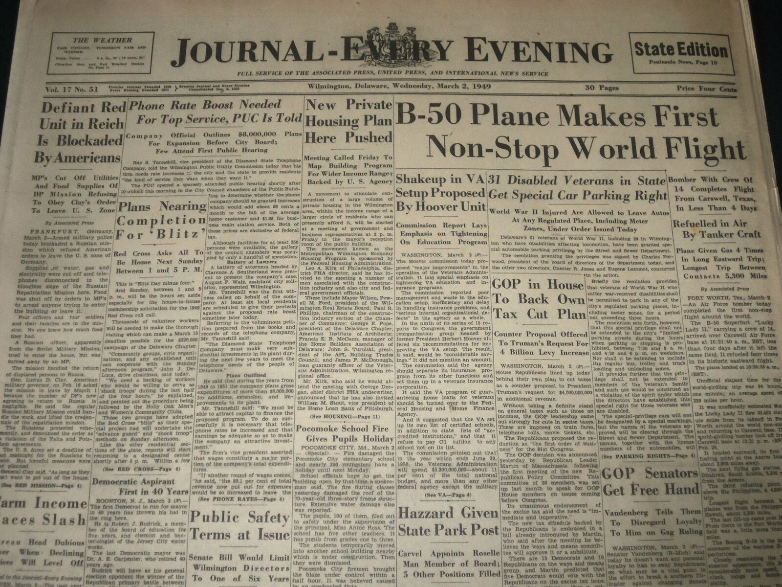 1949 MARCH 2 WILMINGTON JOURNAL B-50 PLANE MAKES FIRST NON-STOP FLIGHT- NT 7326