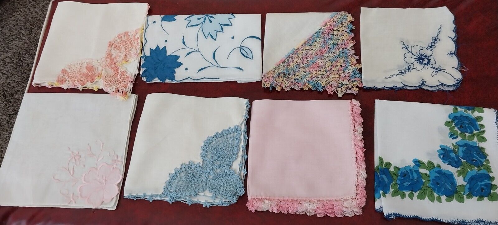 PINK & BLUE VIntage Handkerchief Lot of 8* Impeccable Crochet* Embroidered work