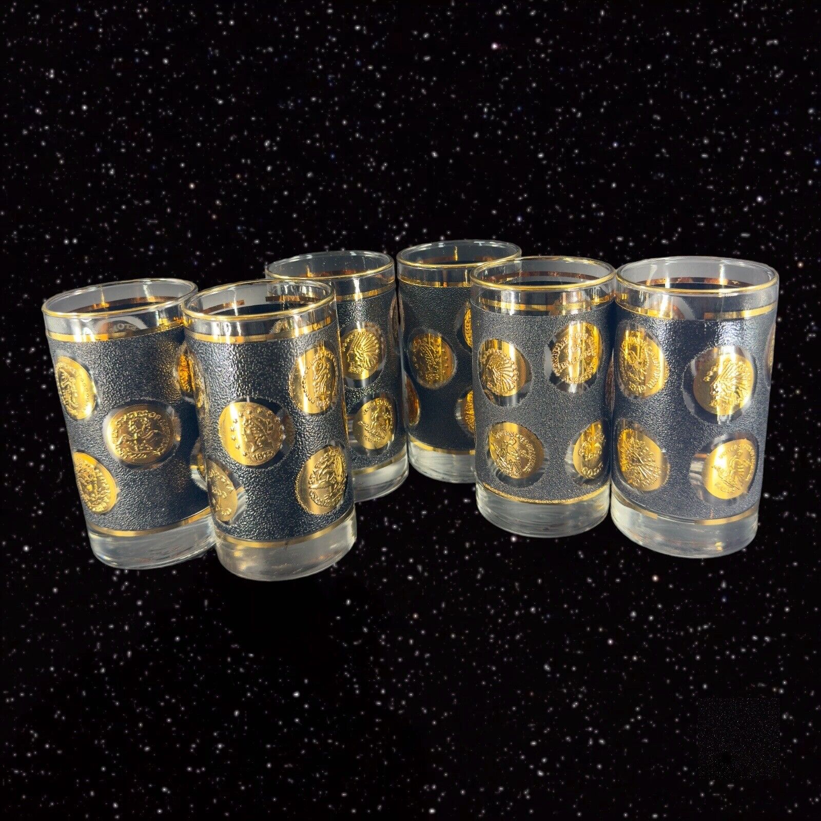 1970s Libbey Gold Liberty Coin Black Highball Barware Tumbler Glasses 12oz Set 6