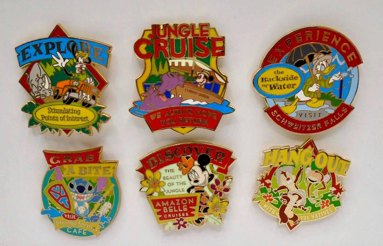 Disney DLR The Jungle Cruise Collection 2008 Pin Set 6 GWP  Pins + Map
