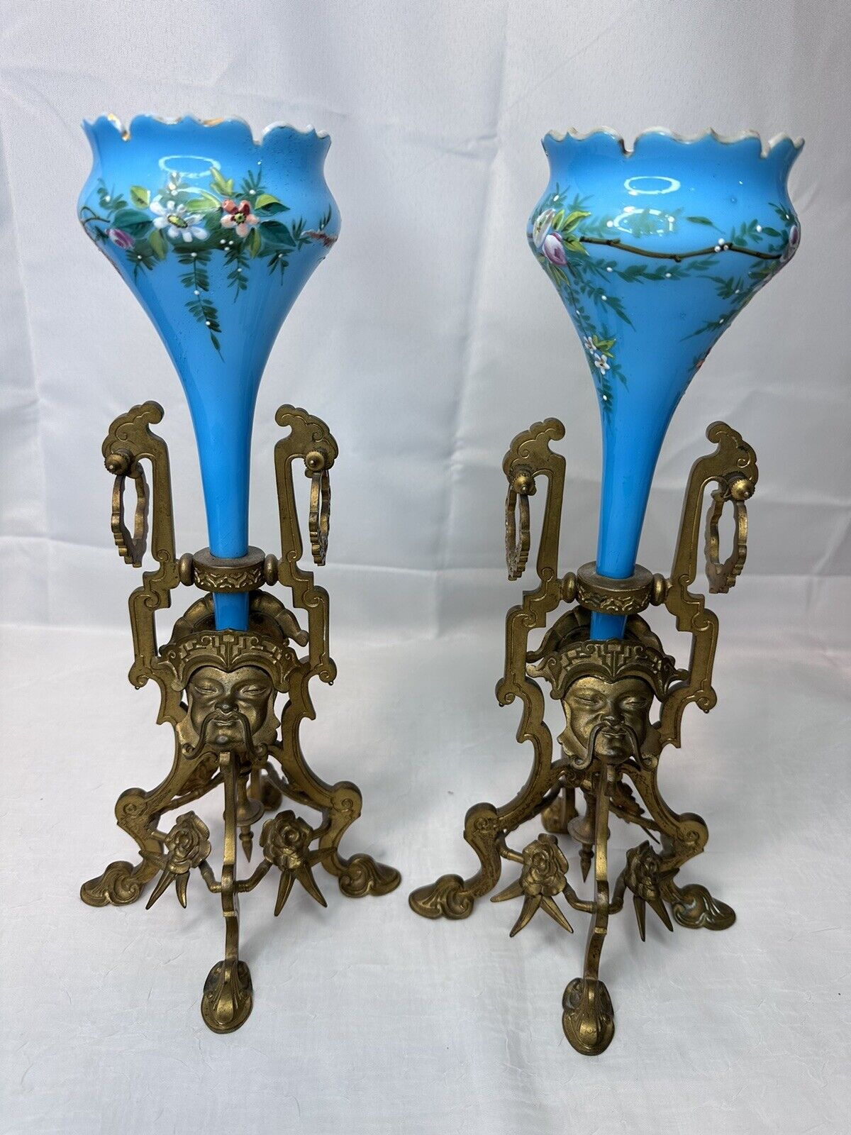 Antique Blue Glass Trumpet Vase Mantle Lusters  Figural Asian Metal Base H 14\