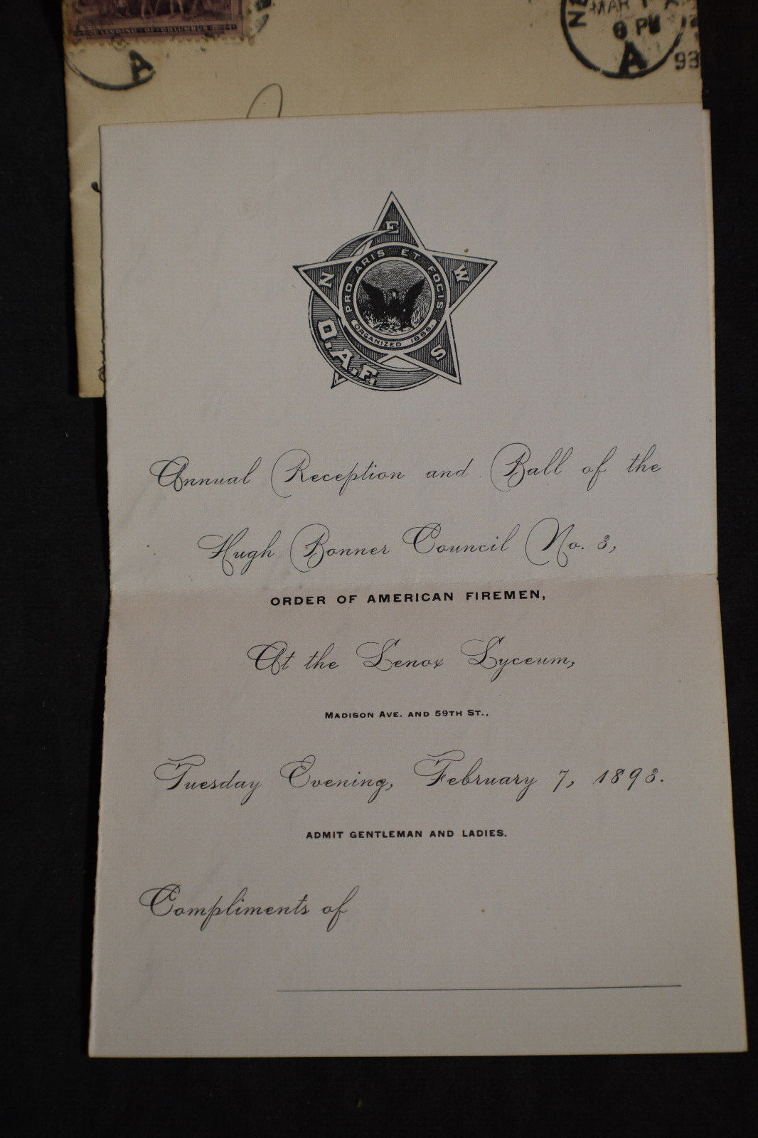 1893 ORDER of AMERICAN FIREMEN (OAF) Letter - Tarrytown NY