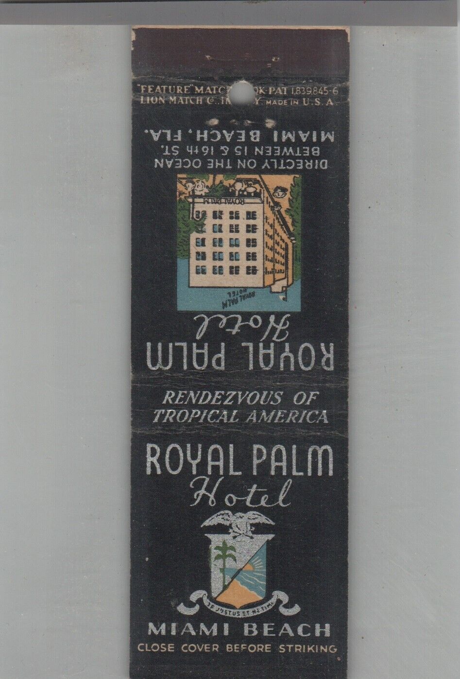 Matchbook Cover - Stripped Feature Royal Palm Hotel Miami Beach, FL
