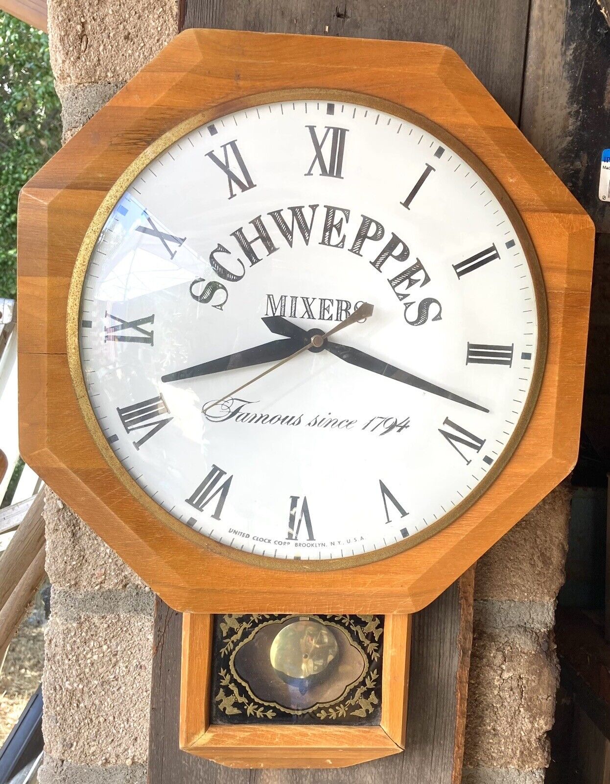 Vintage Schweppes Wooden Advertising Electric Wall Clock  Moving Pendulum