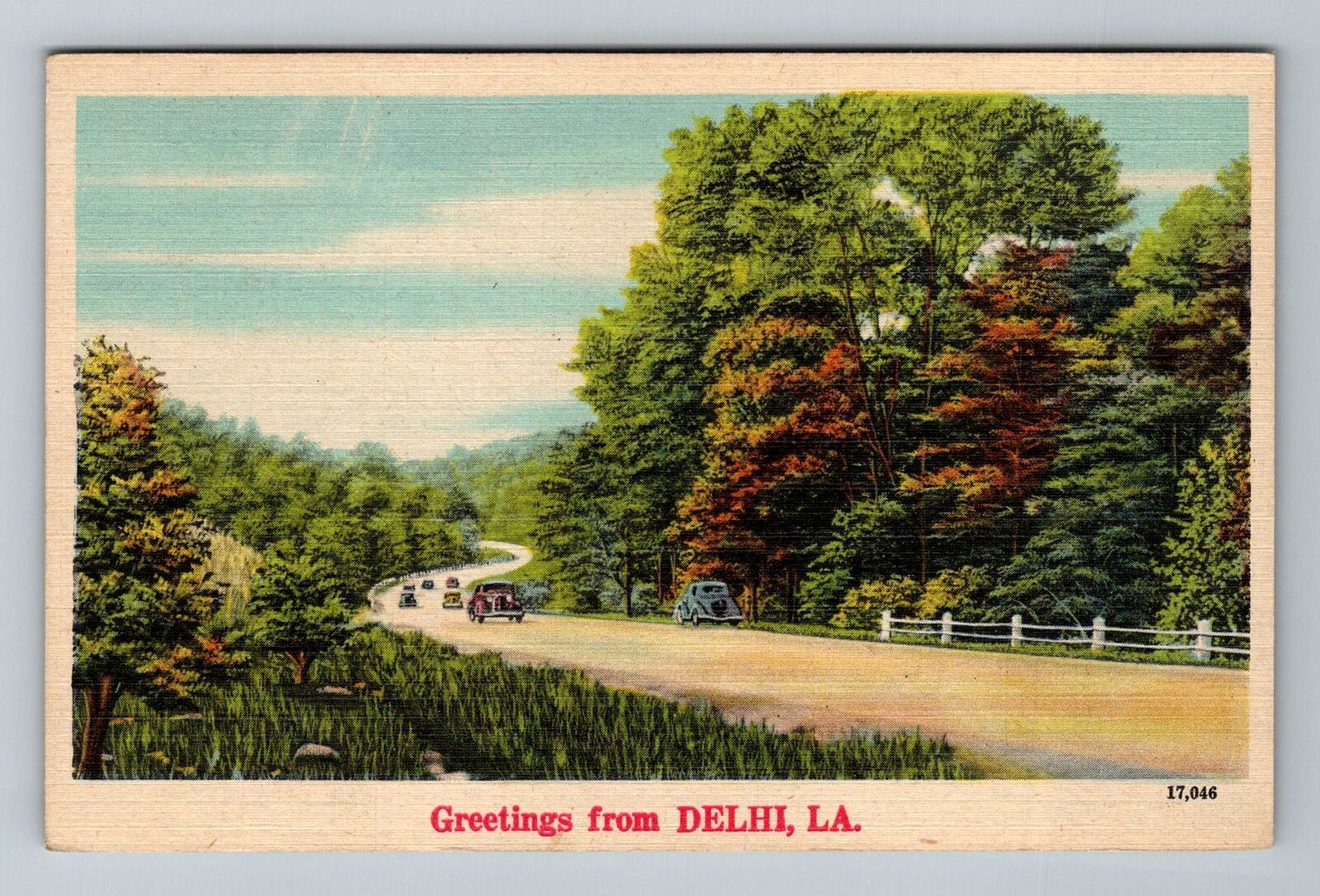 Delhi LA-Louisiana Greetings Scenic Roadway Period Cars Vintage Postcard