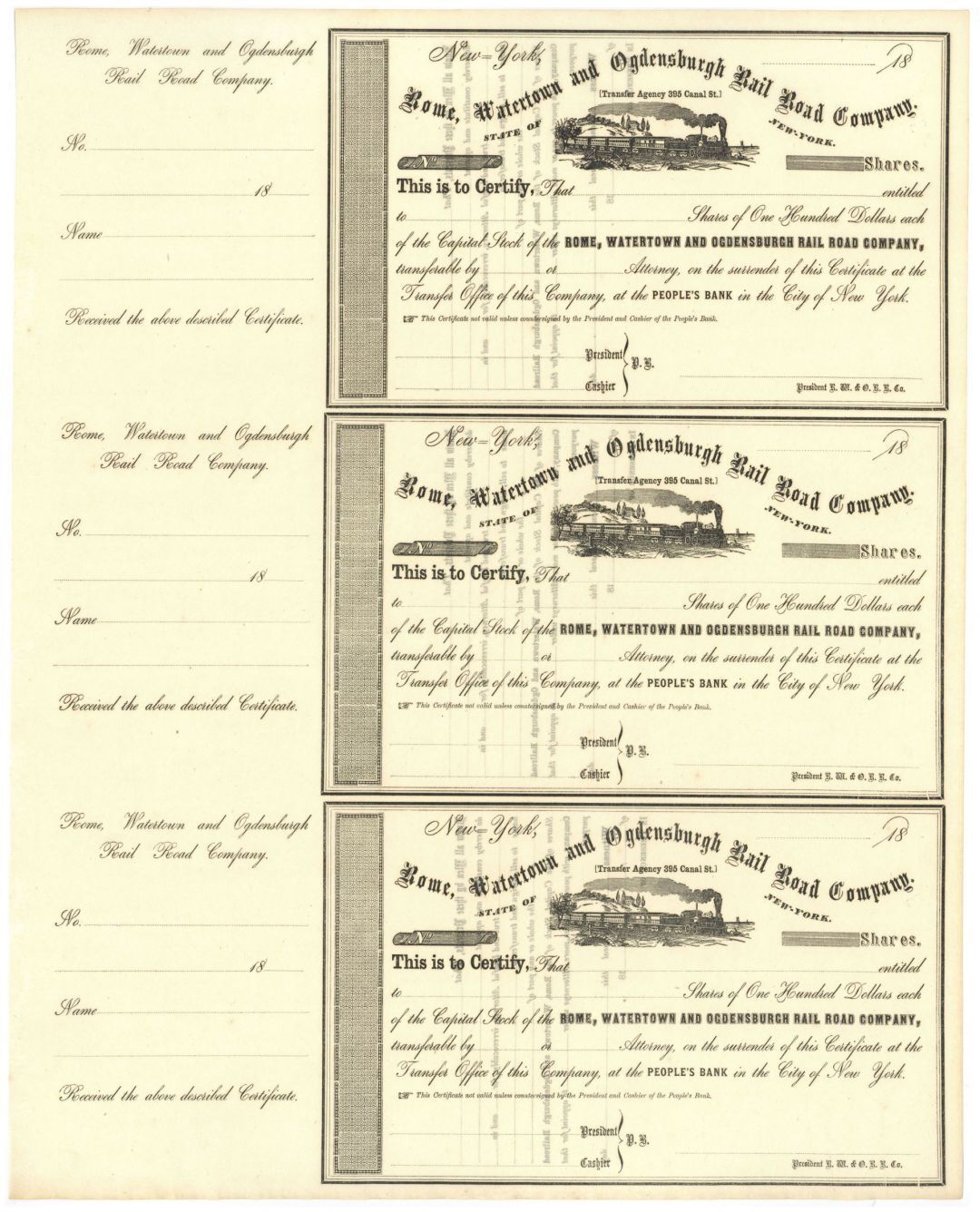 1860\'s circa Sheet of 3 Stocks - Rome, Watertown and Ogdensburgh Railroad Co. - 