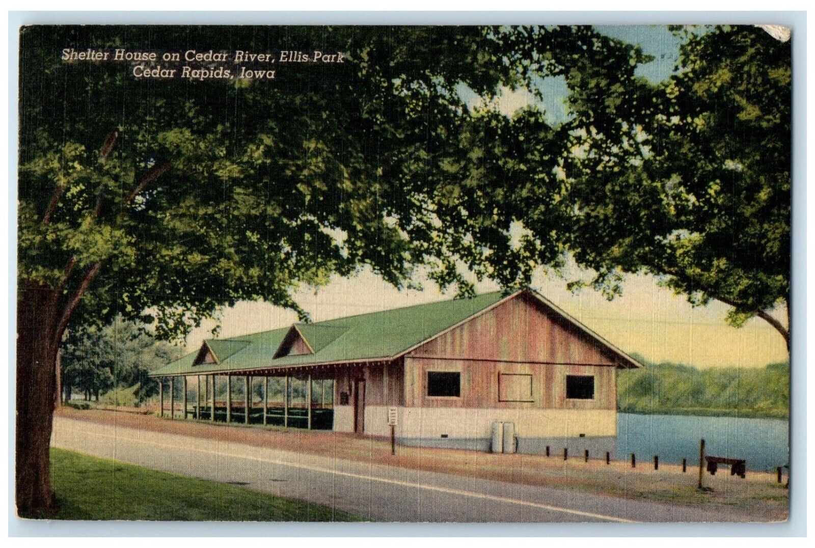 1955 Shelter House Cedar River Ellis Park Cedar Rapids Iowa IA Vintage Postcard