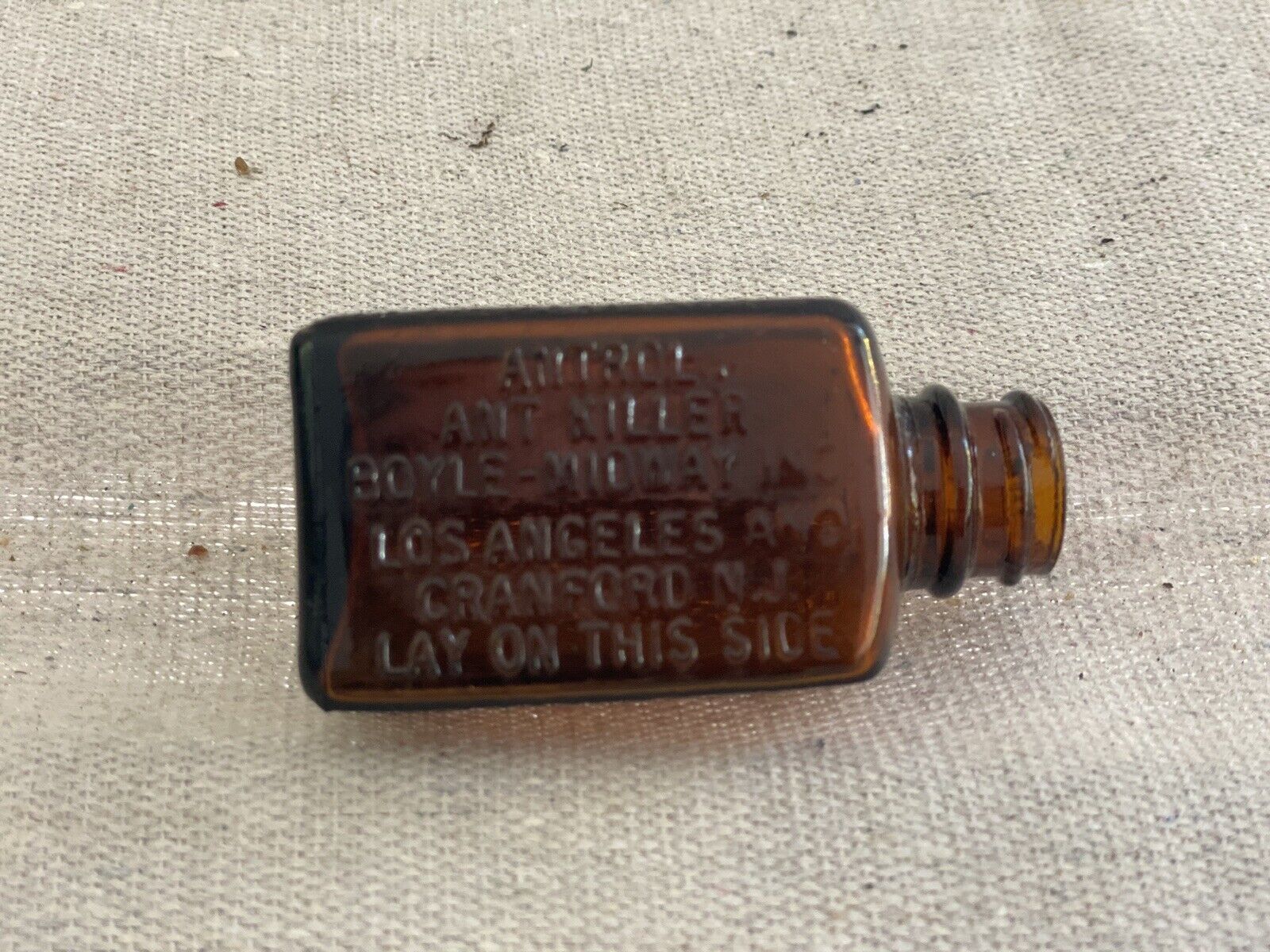 Antique Amber Glass Bottle ANTROL ANT KILLER Los Angeles Bug Killer Bot