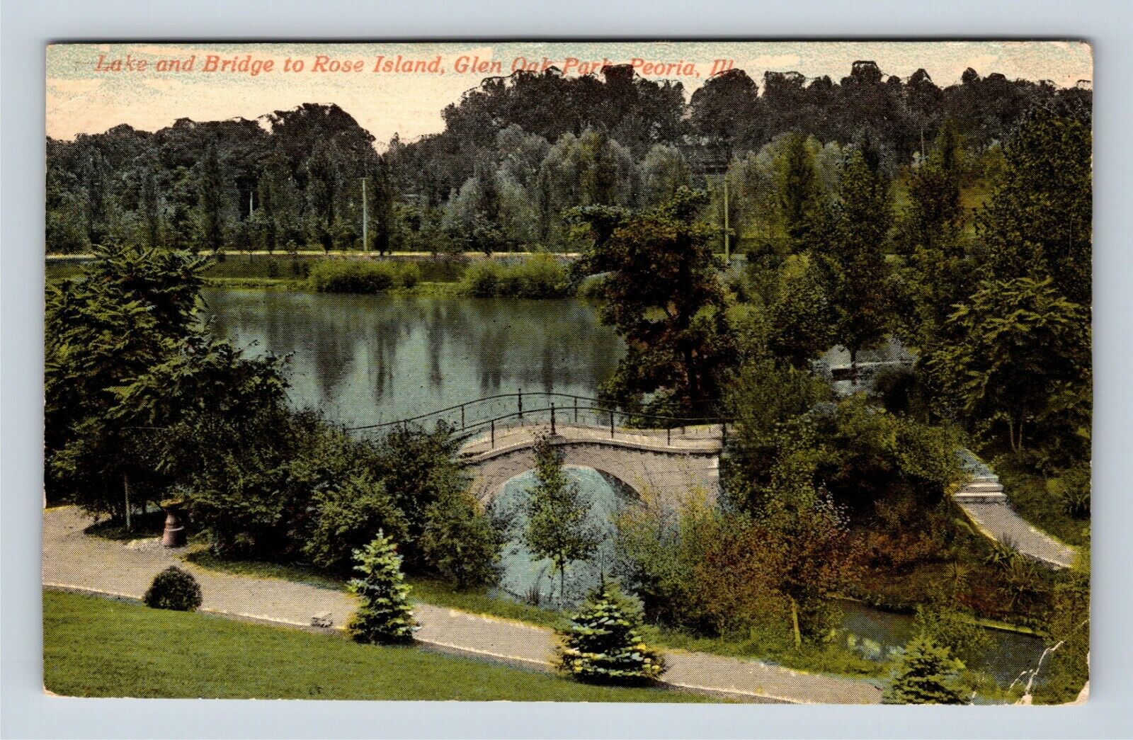 Peoria IL, Lake, Bridge, Glen Oak Park, Illinois c1915 Vintage Postcard