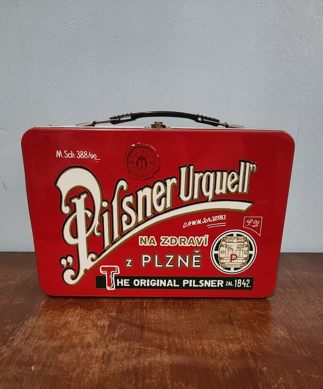 Pilsner Urquell Metal Red Embossed Lunch Box Beer Promo With Original Liners