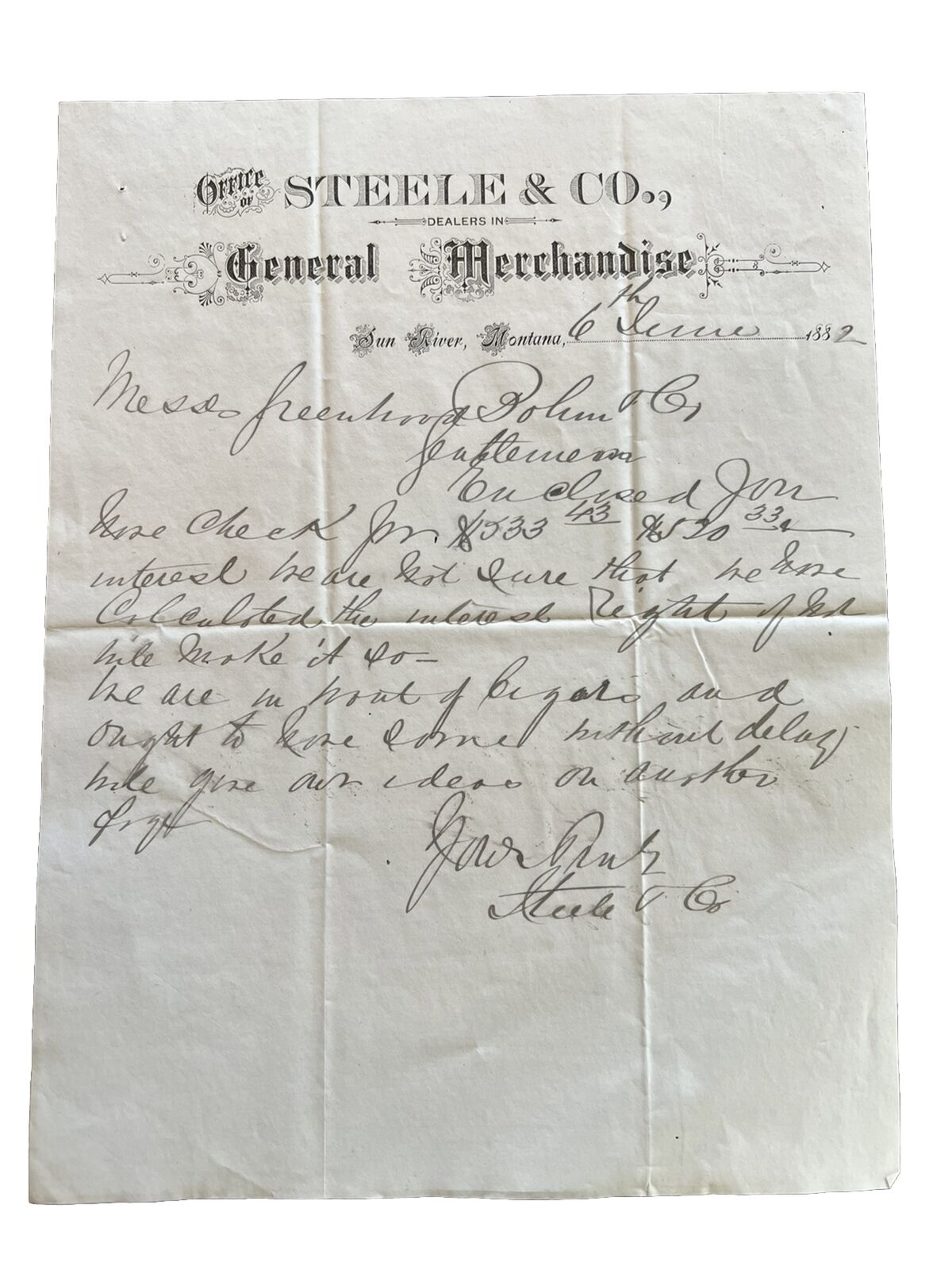Original 1882 Sun River, MT Letterhead: Steele & Co. General Merchandise