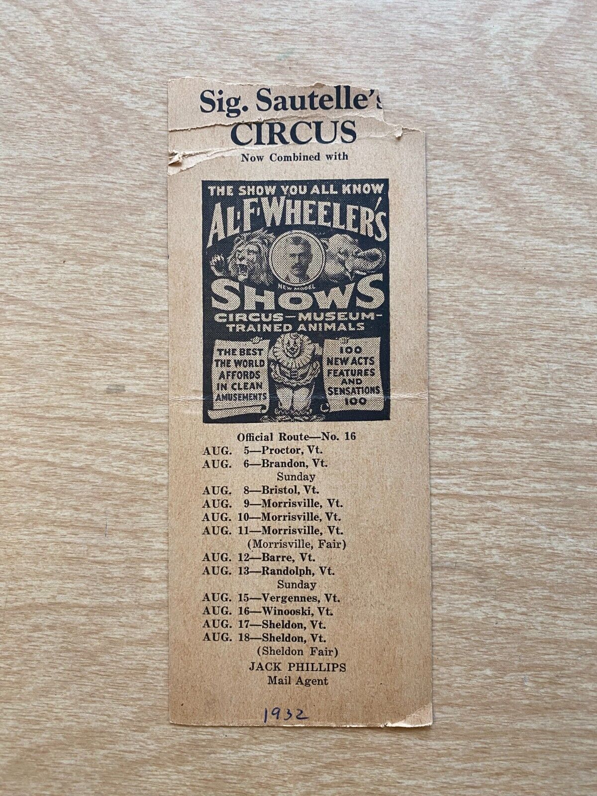 Al F Wheeler\'s Circus Shows Season 1932 Route Card Vintage Program Clown Lion