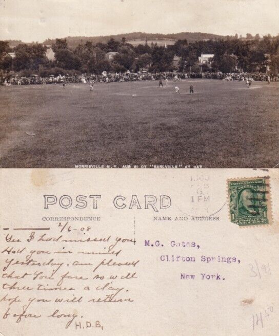1907 Earlville vs Morrisville (New York) baseball photo postcard postmarked 1908