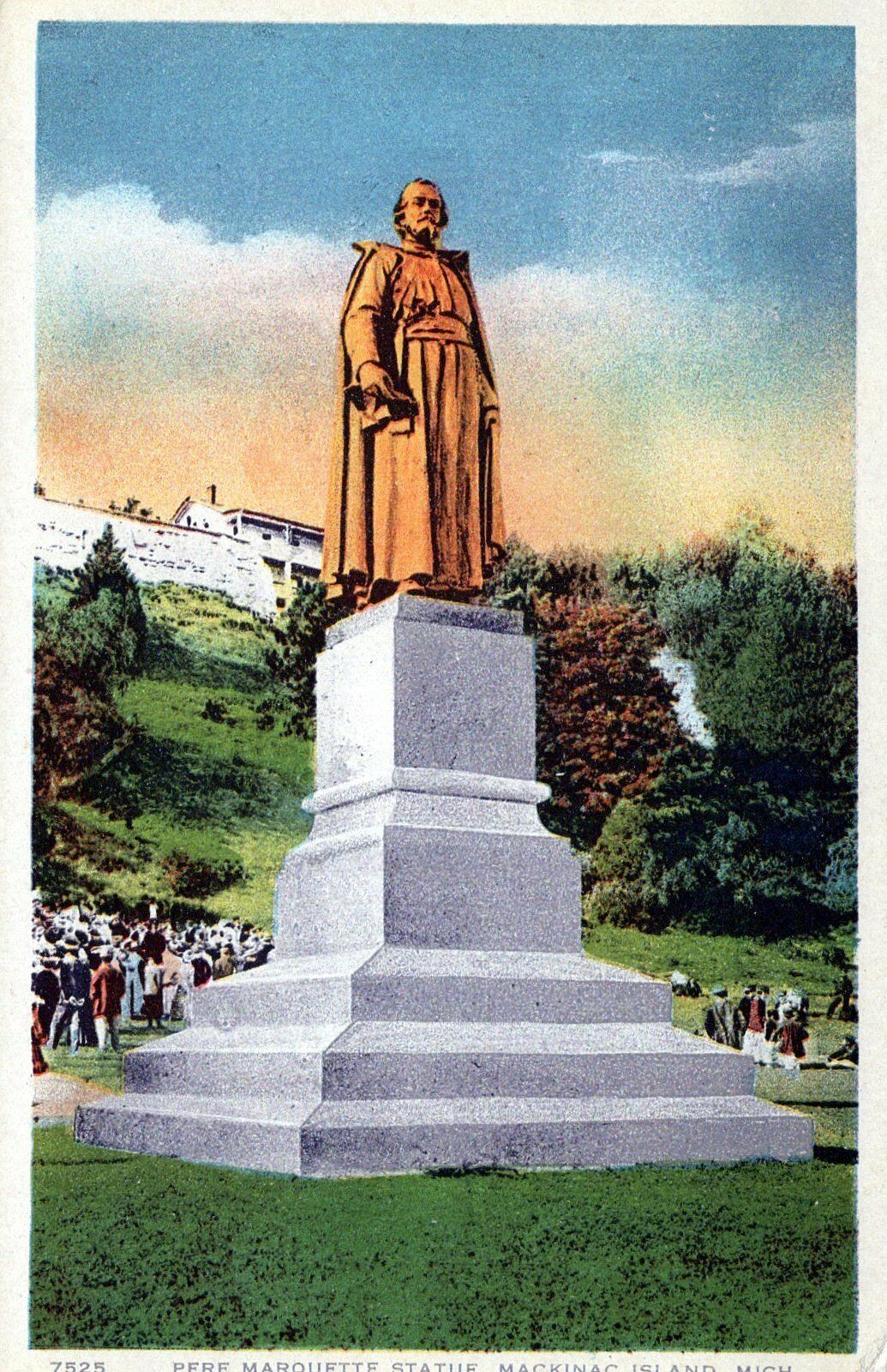 Perf Marquette Statue Mackinac Island Michigan Vintage White Border Post Card