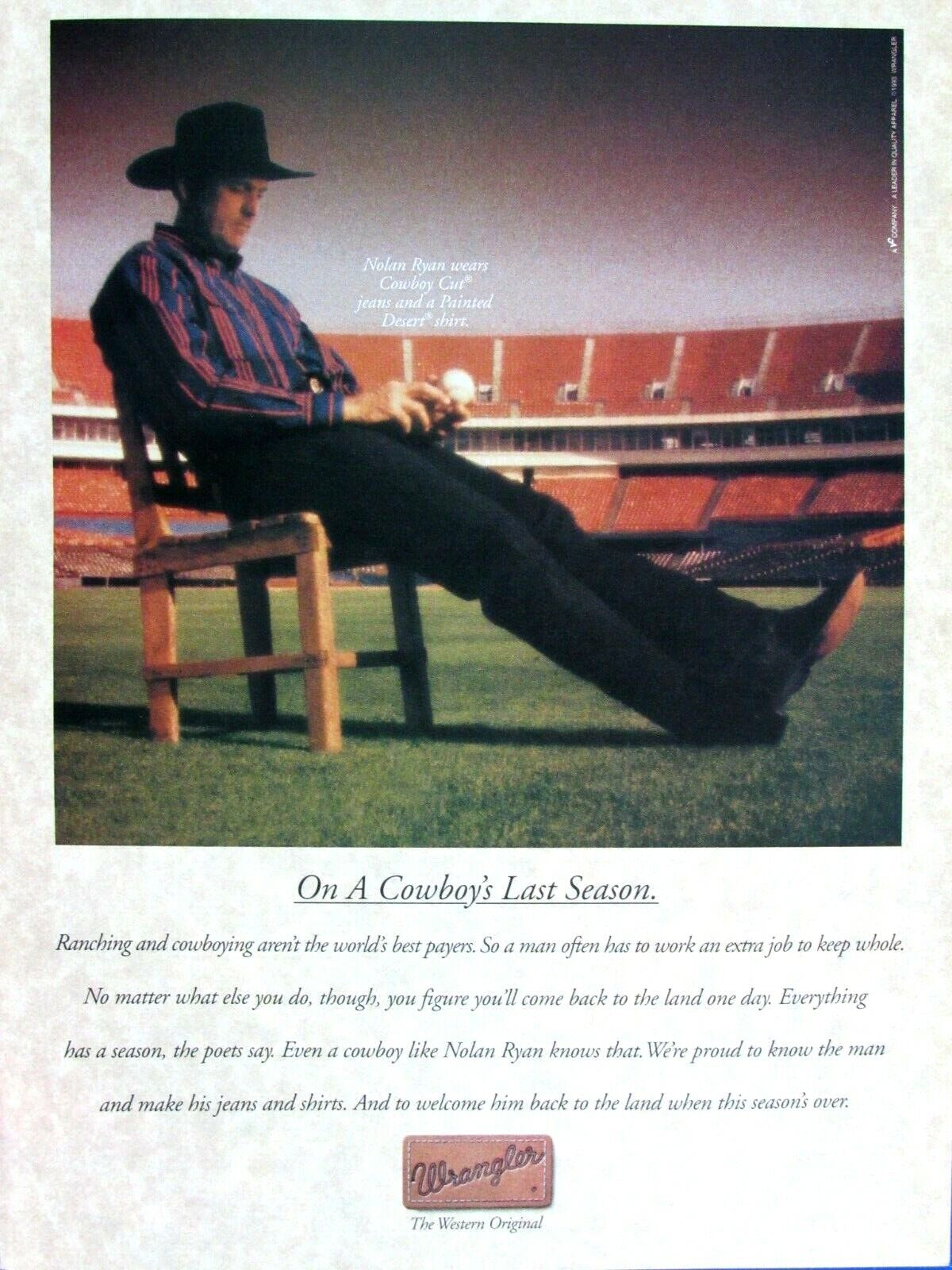 Nolan Ryan Vintage Wrangler Cowboys Last Stand Original 1993 Print Ad 8.5 x 11\