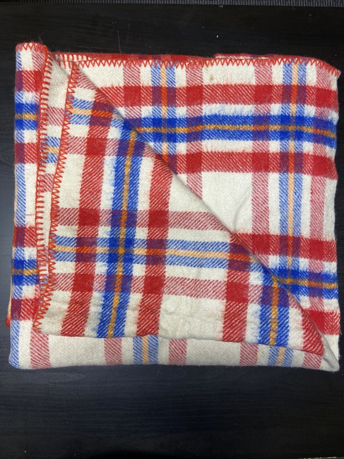 Vintage Plaid Red Blue Thermal Wool Blend Camp Blanket 86X72