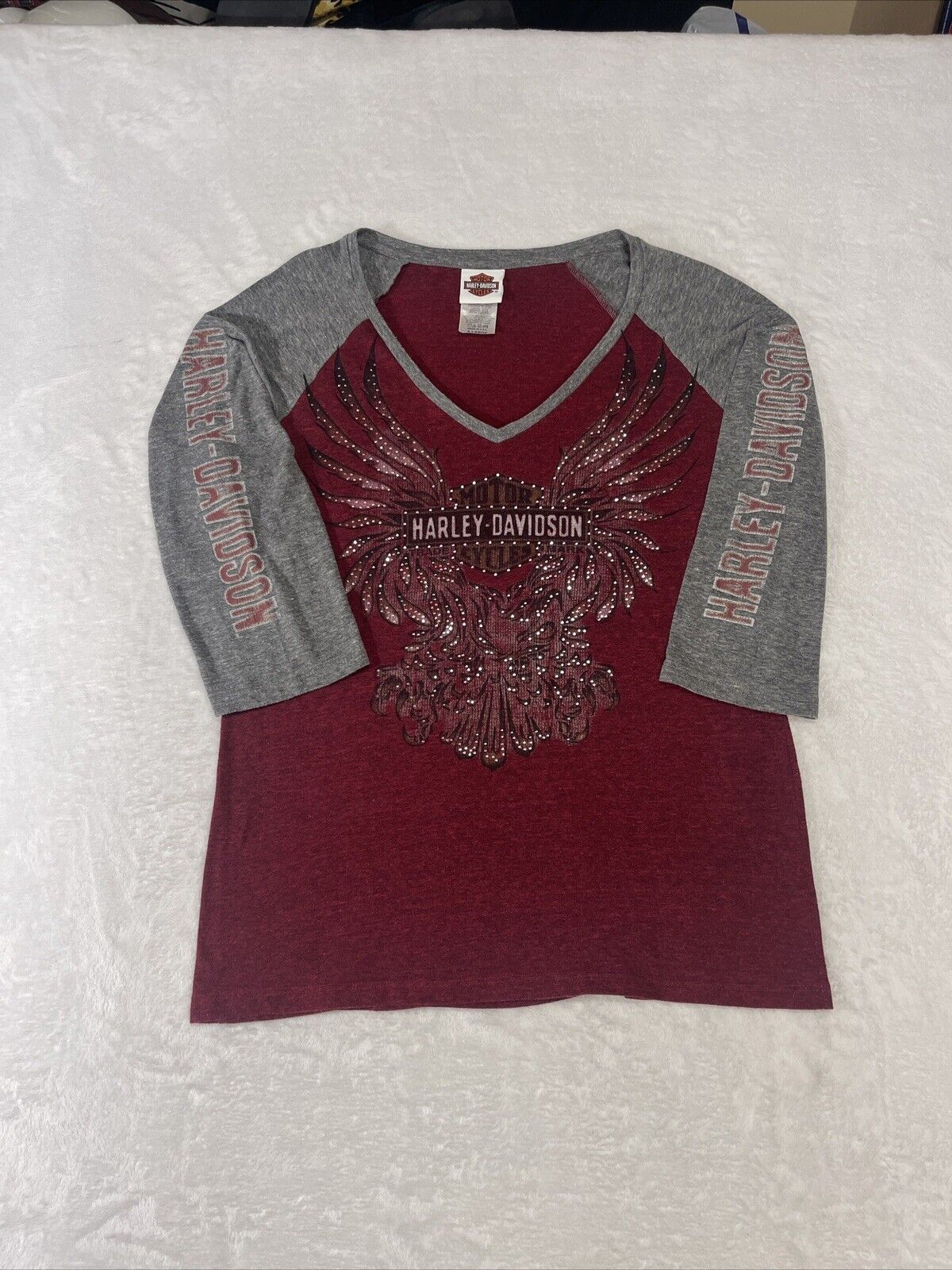 Harley Davidson Shirt Womens XL Atlanta GA Baseball Made USA V Neck Red Gray