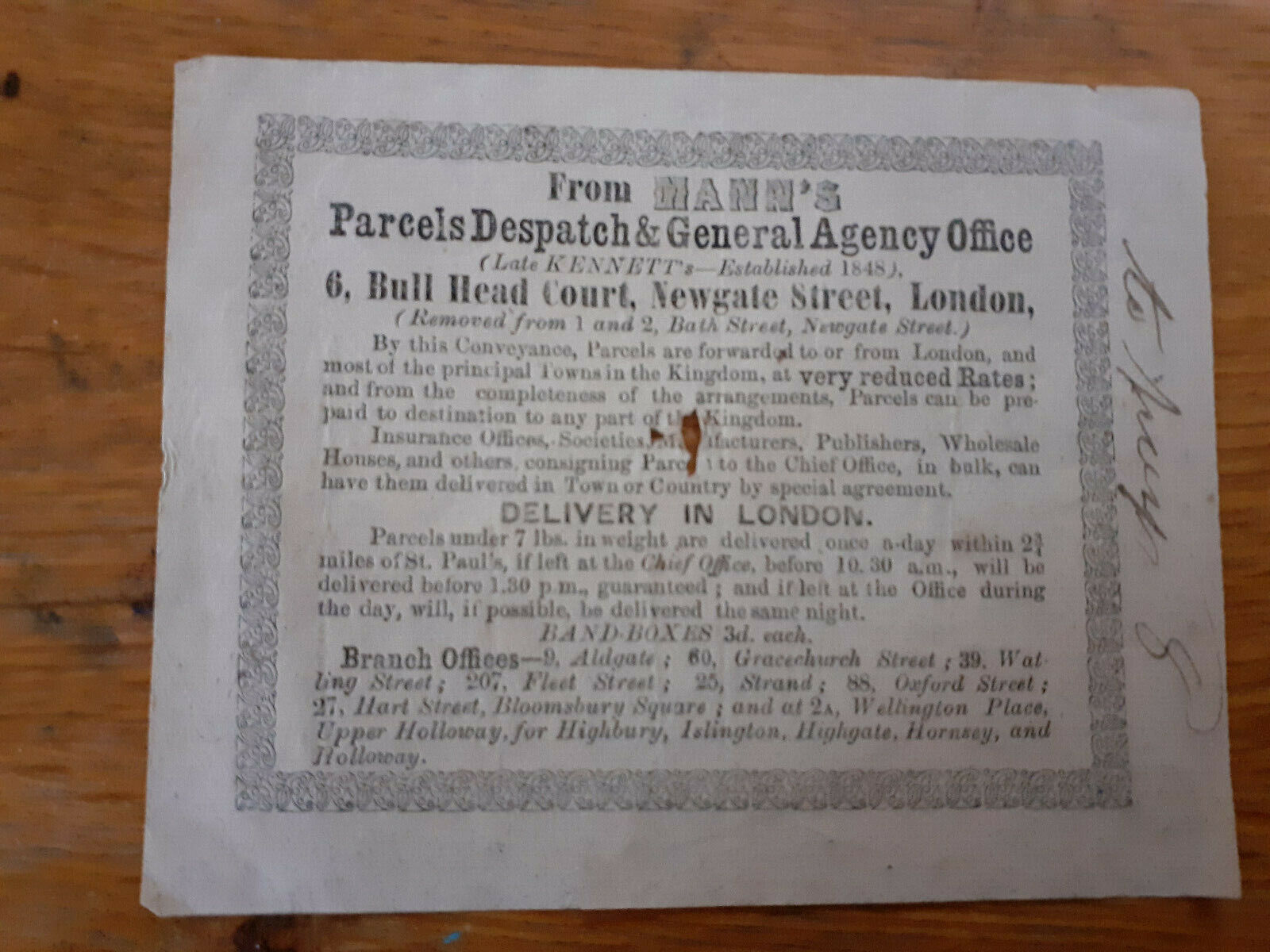 1850s Mann's Parcels Despatch & General Agency Office postal advertisement flyer