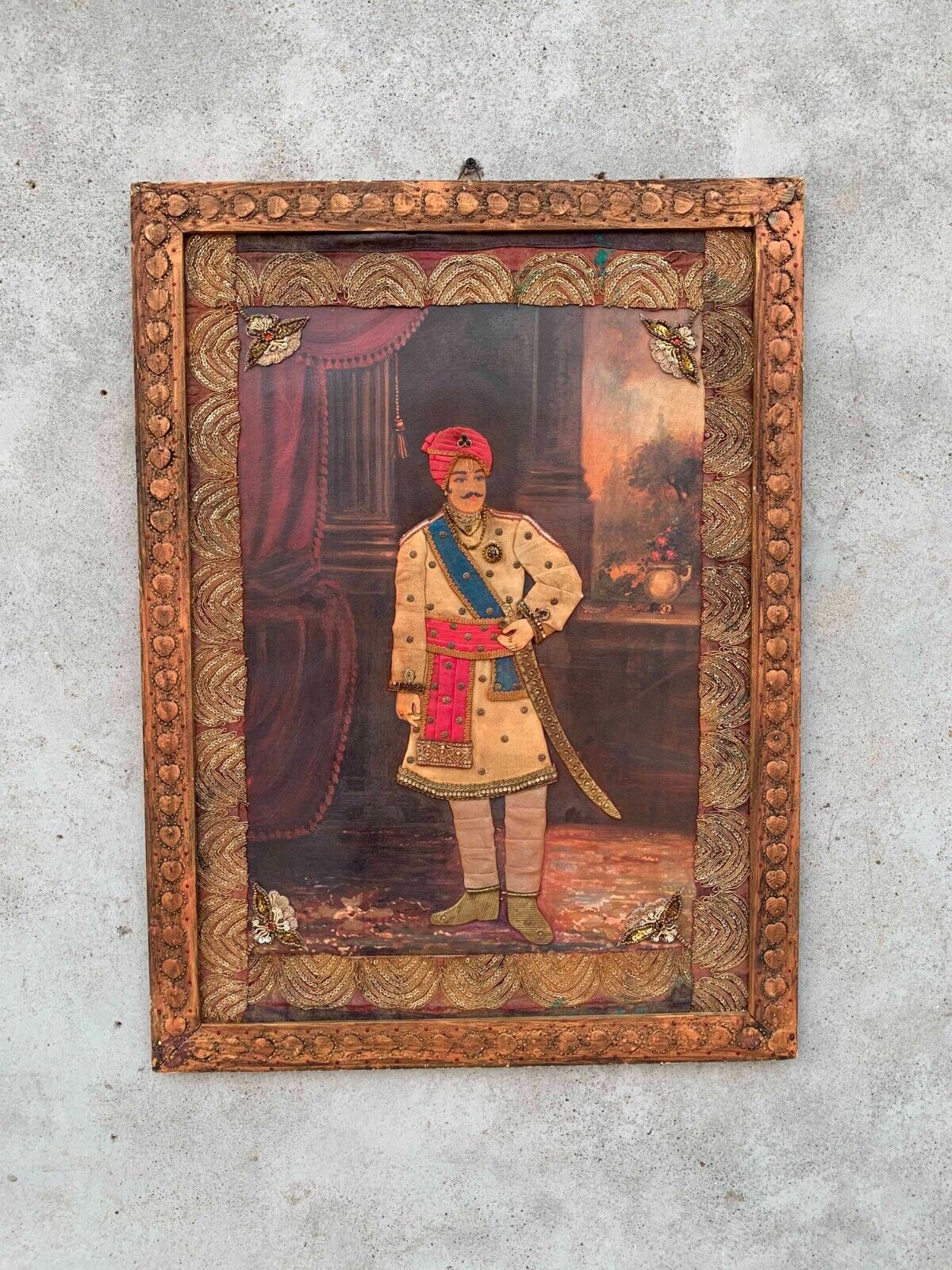 Vintage Frame Indian King Handmade Collectible Cloth Art Work Old Photo-17 x 24\