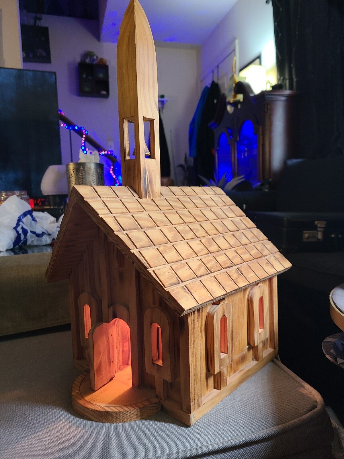 Wooden Church Decor Lighted W/Steeple & Decorated Inside 20\