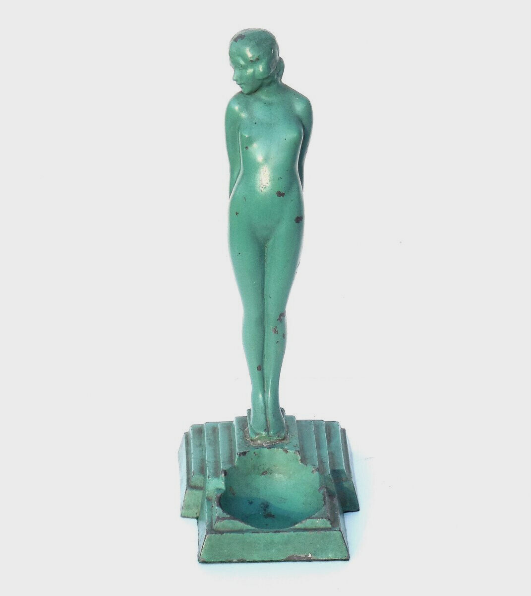 Lovely ART DECO Green Enamel Metal STANDING NUDE Statue Signed Statue 1931 'EVE'