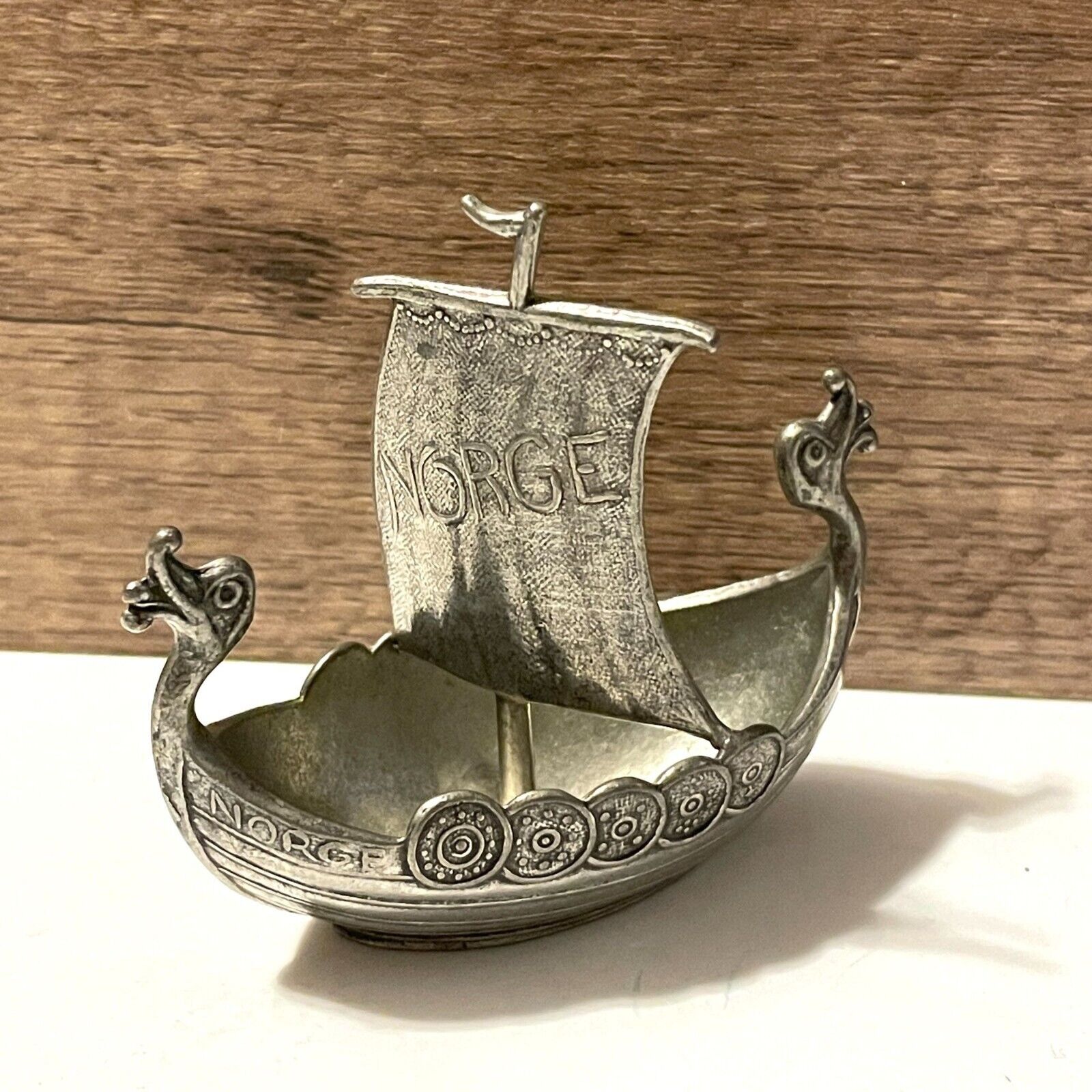 Vintage Handstopt Tinn Norwegian Pewter Norge Viking Longboat Ship Miniature