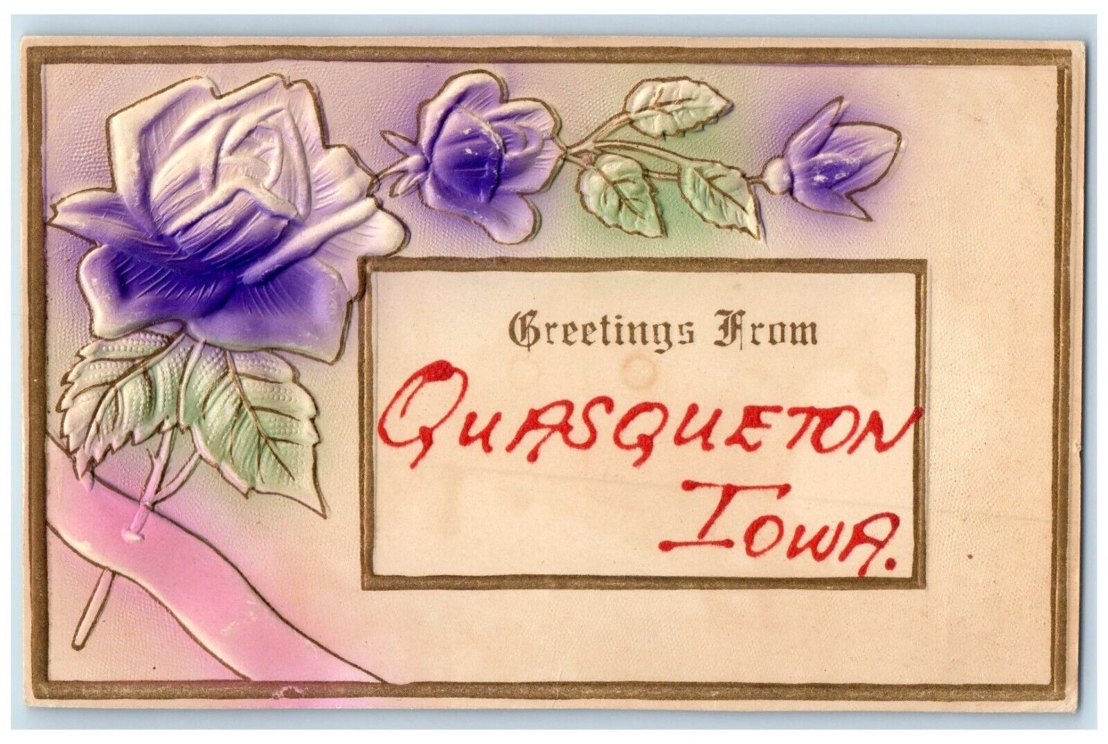 1910 Flowers Embossed Greetings From Quasqueton Iowa IA Vintage Antique Postcard