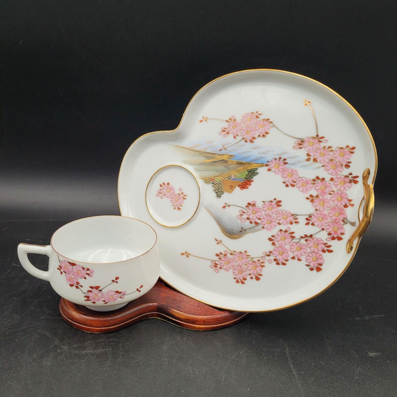 Vintage Koshida, Kyoto Lithophane Cup Luncheon Set Hand Painted Cherry Blossoms