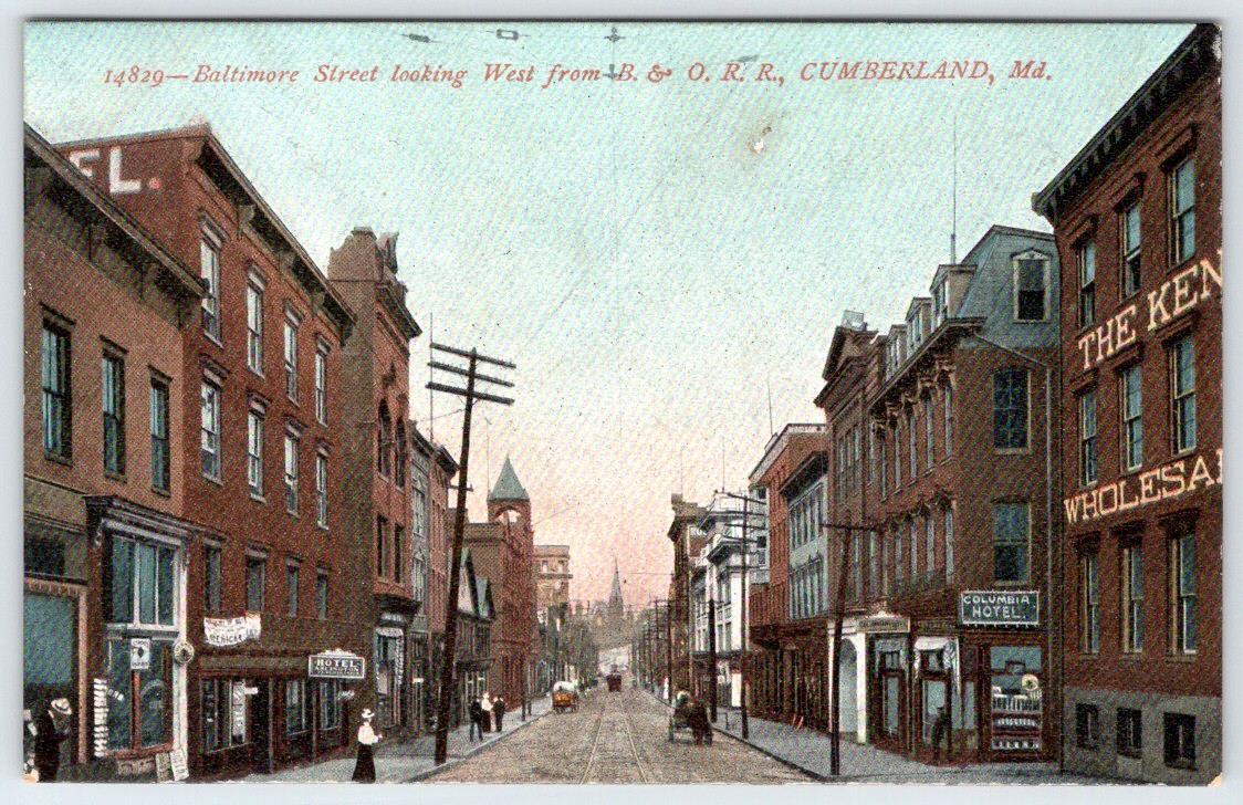 1920's BALTIMORE STREET WEST FROM B & O RAILROAD CUMBERLAND MD COLUMBIA HOTEL