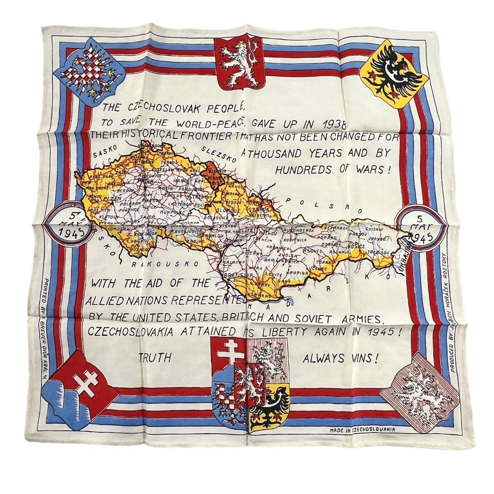 WWII Czechoslovakia Souvenir Textile Map 1945 Allies Liberation Day May 5