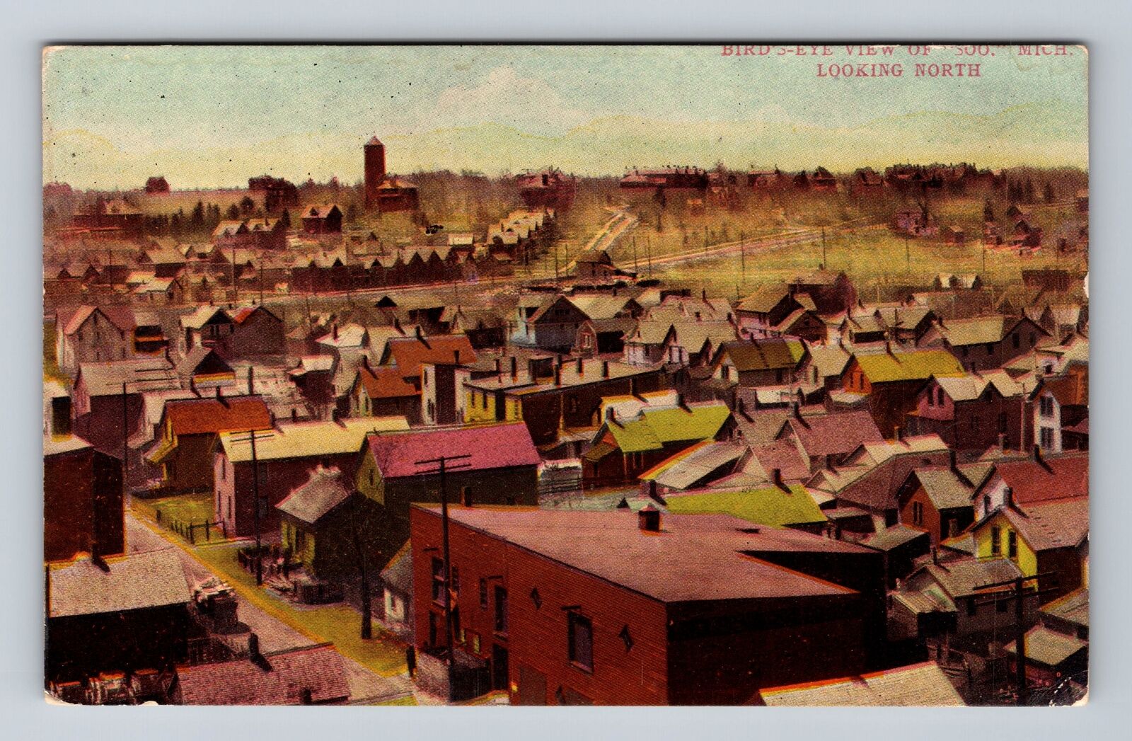 Sault Ste Marie MI-Michigan, Birds Eye Of Town Looking North, Vintage Postcard