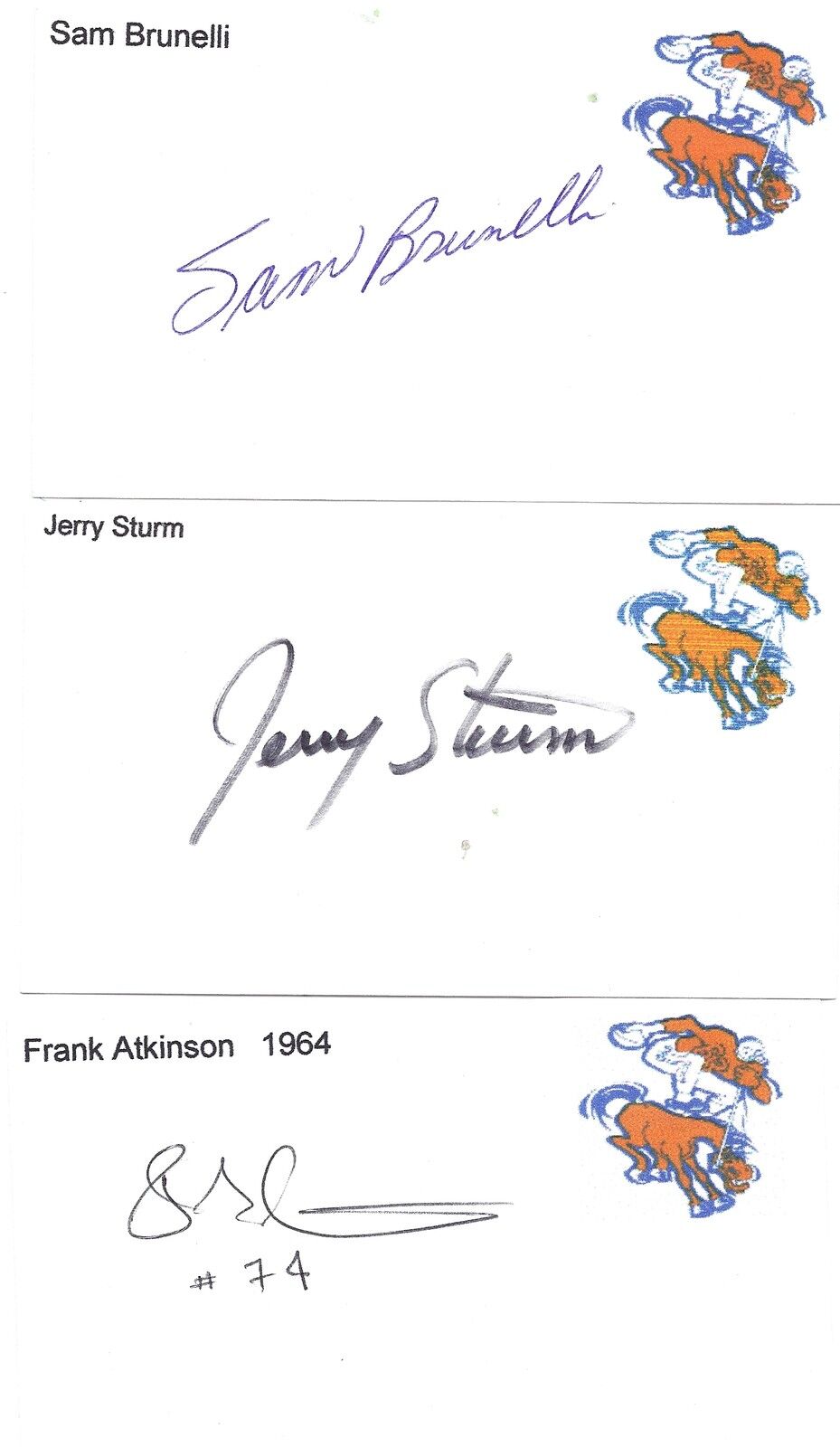 1964 Frank Atkinson AFL Denver Broncos Football Signed Index Card Stanford