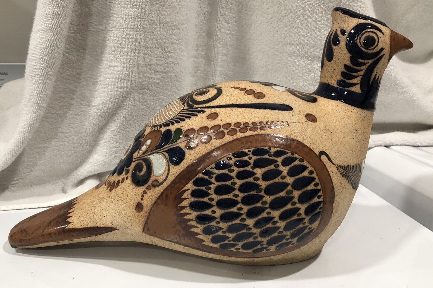 Extra Large Tonala Mexico Hand Painted Pheasant Pottery 16x8x9.5” Very Nice