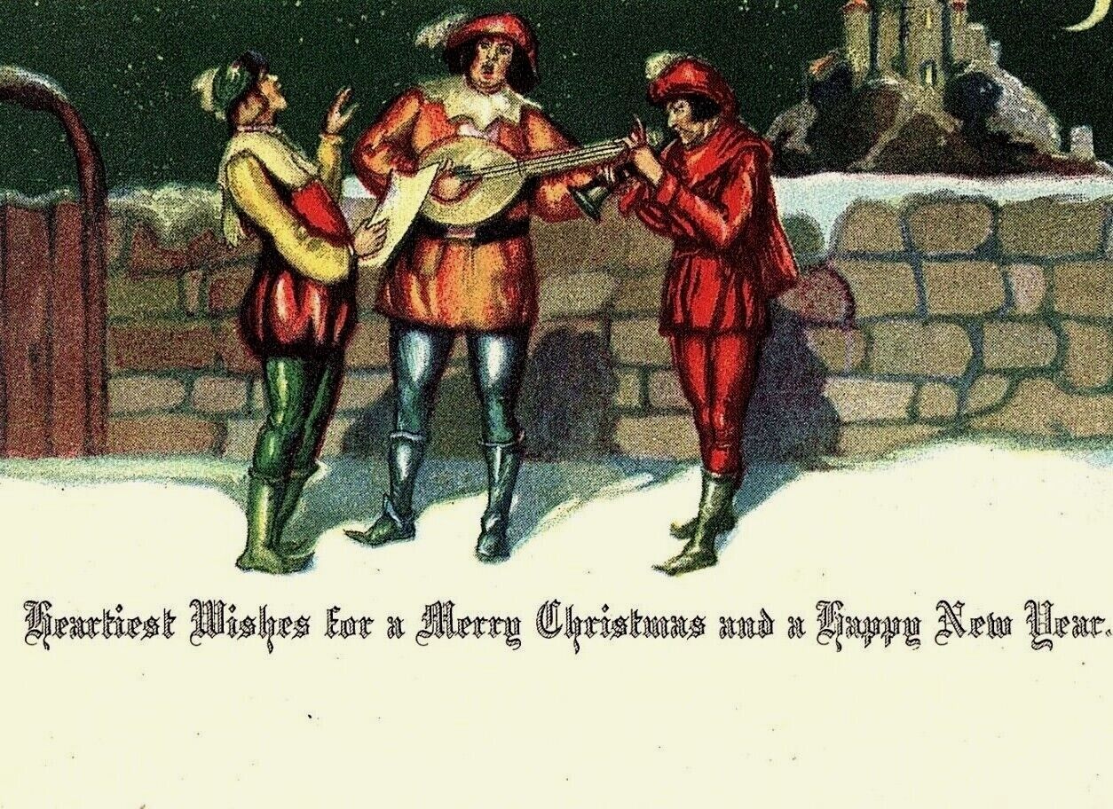 1930 Postcard Merry Christmas Happy New Year Medieval Minstrels USA Made Vintage