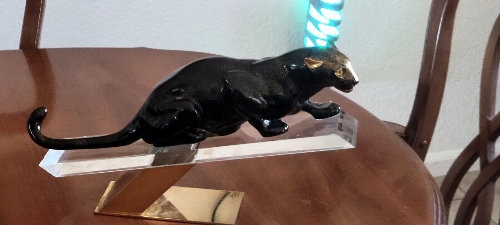 Giulia Mangani for Oggetti Italy Porcelain Panther Sculpture w/Lucite Brass Base